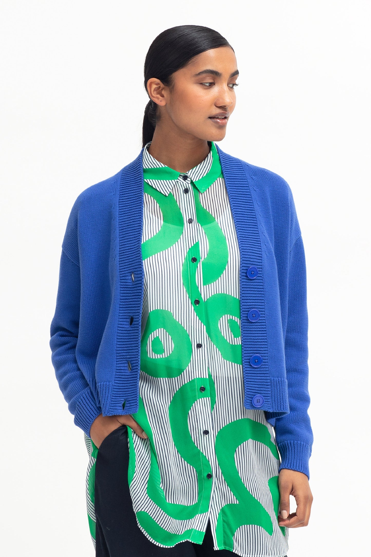 Willow Organic Cotton Everyday Knit Cardigan Model Front | SEA BLUE