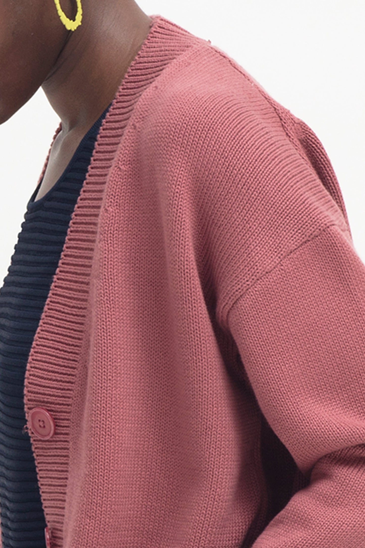 Willow Organic Cotton Everyday Knit Cardigan Model Side Detail | DESERT ROSE