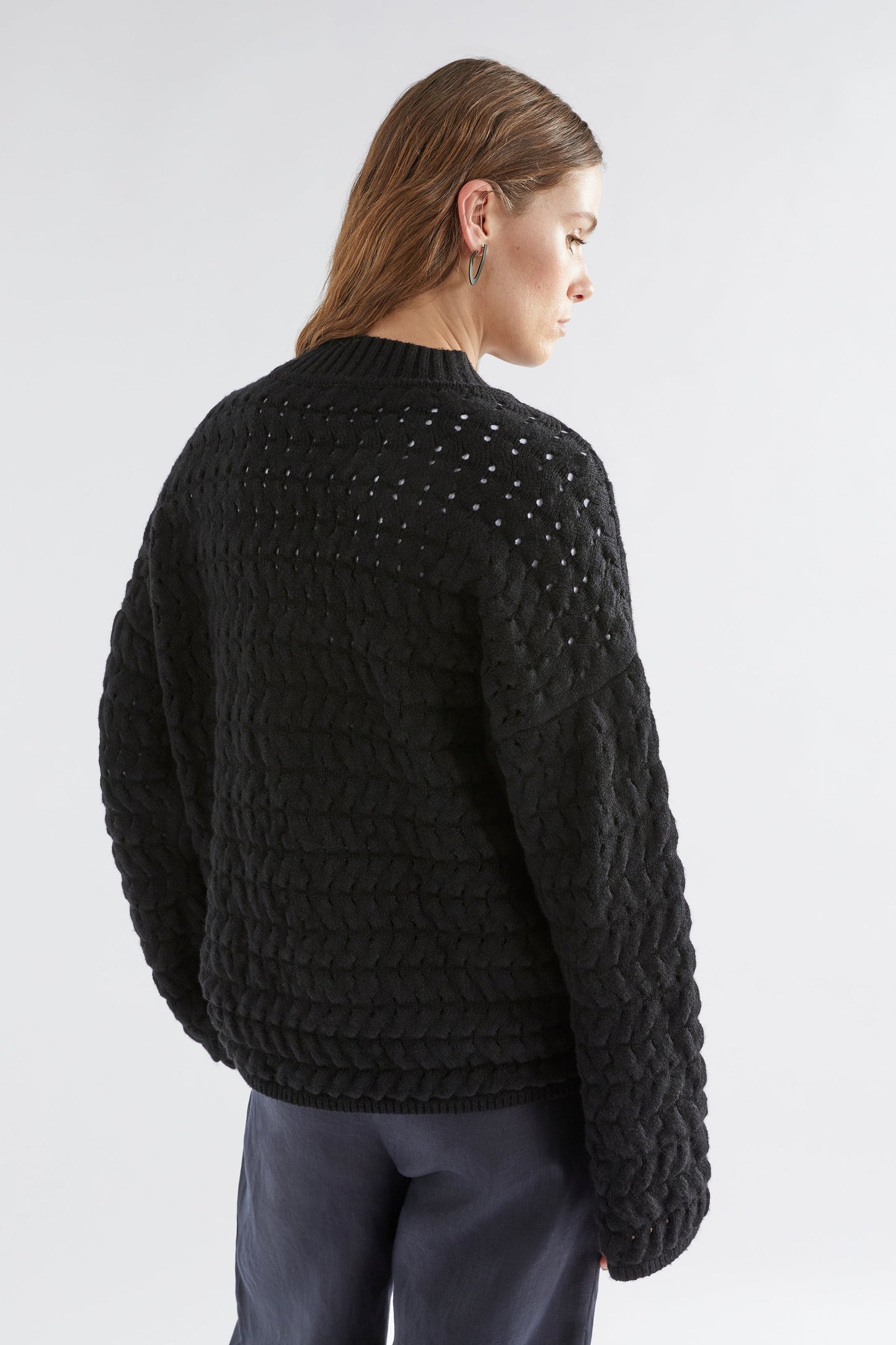 Koda Drop Shoulder Mock Neck Bubble Knit Sweater Model Back | BLACK
