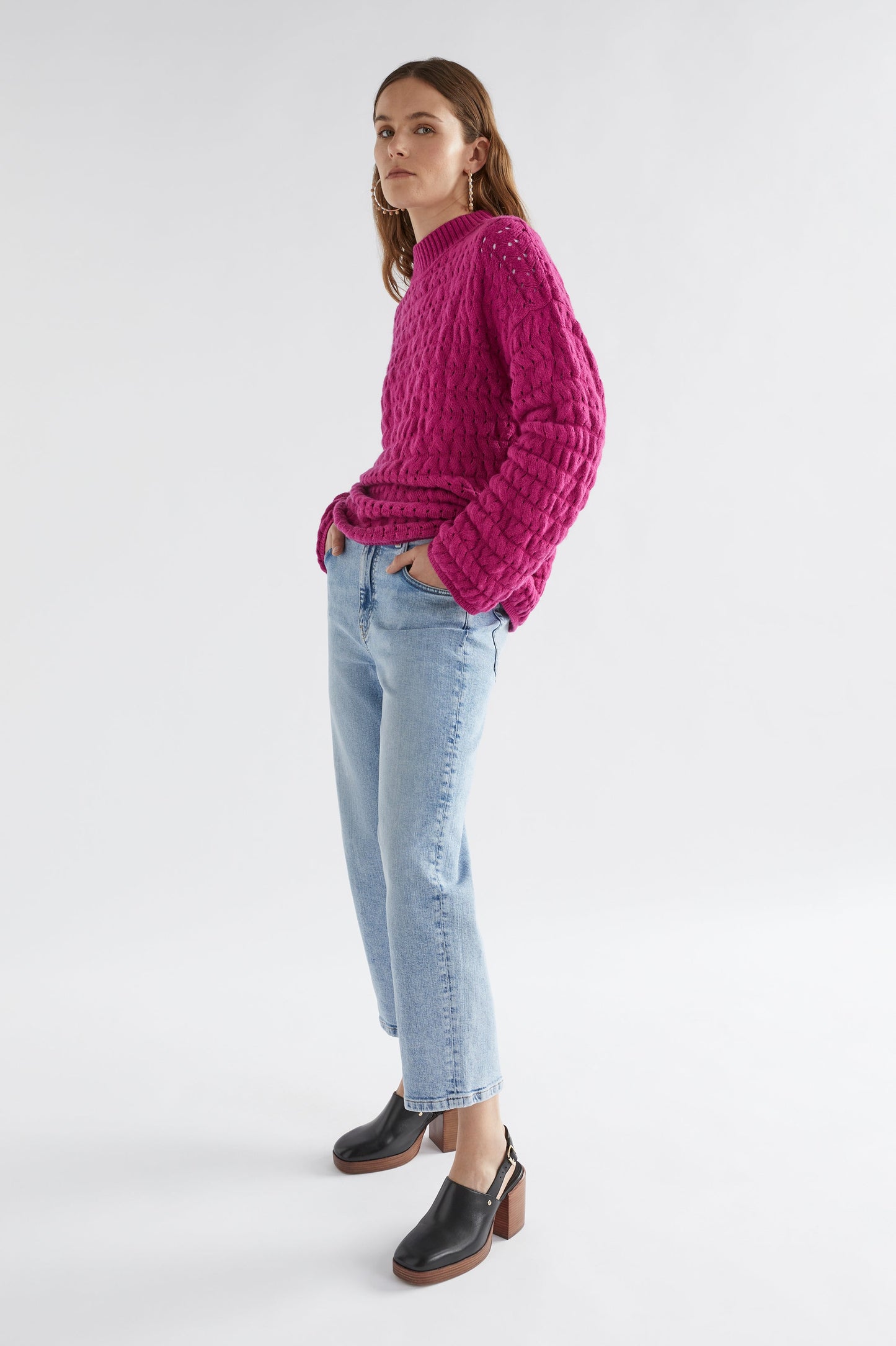 Koda Drop Shoulder Mock Neck Bubble Knit Sweater Model Front full Body | ORCHID
