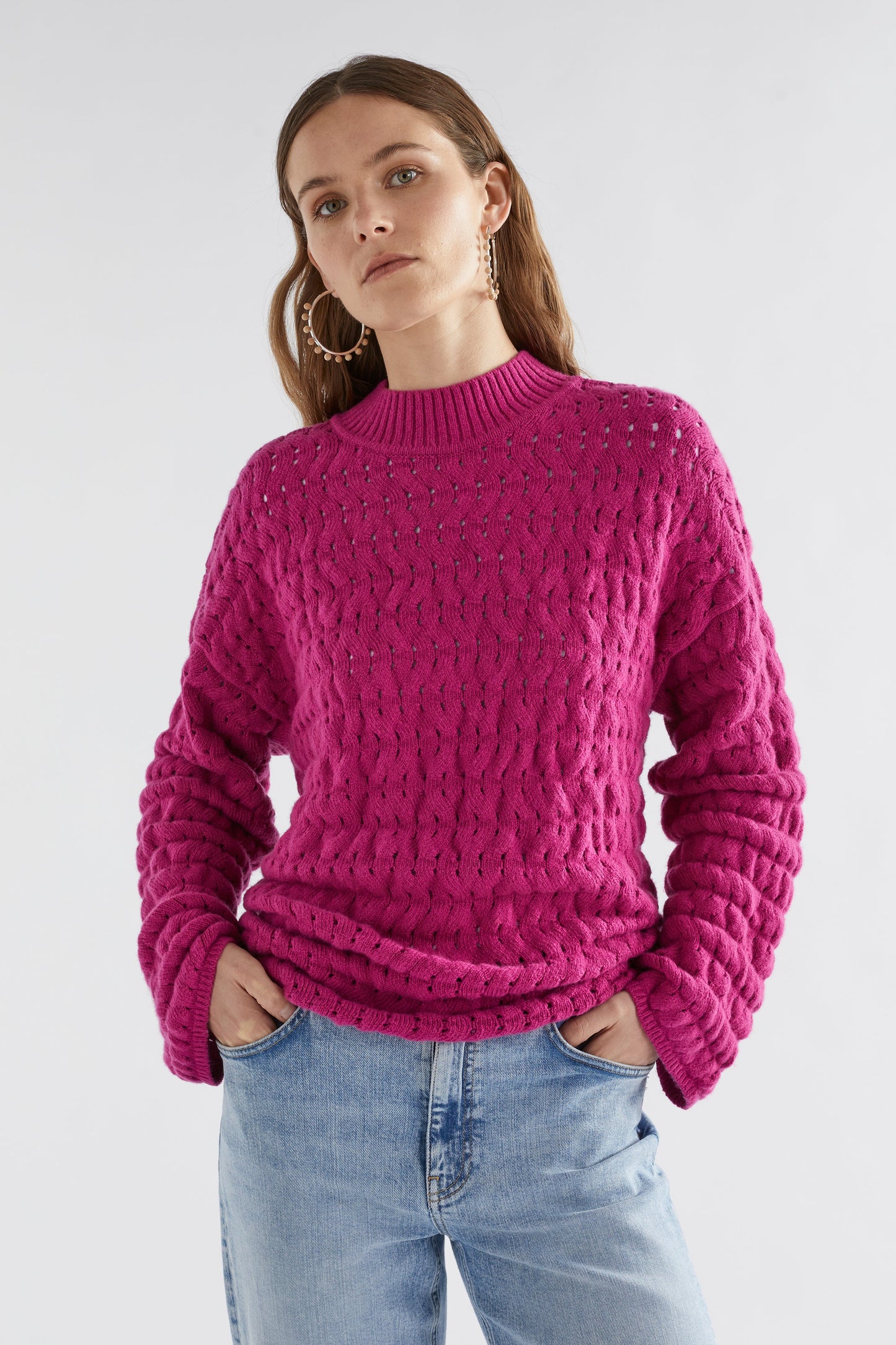 Koda Drop Shoulder Mock Neck Bubble Knit Sweater Model Front | ORCHID