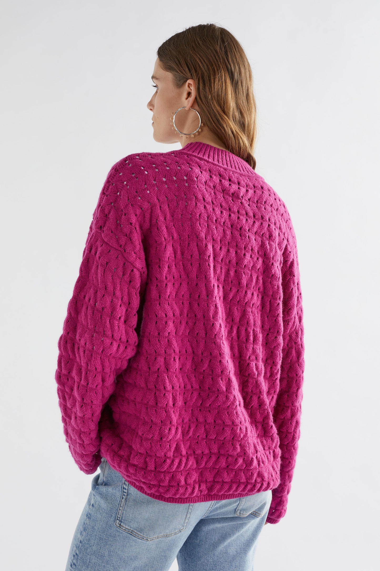 Koda Drop Shoulder Mock Neck Bubble Knit Sweater Model Back | ORCHID