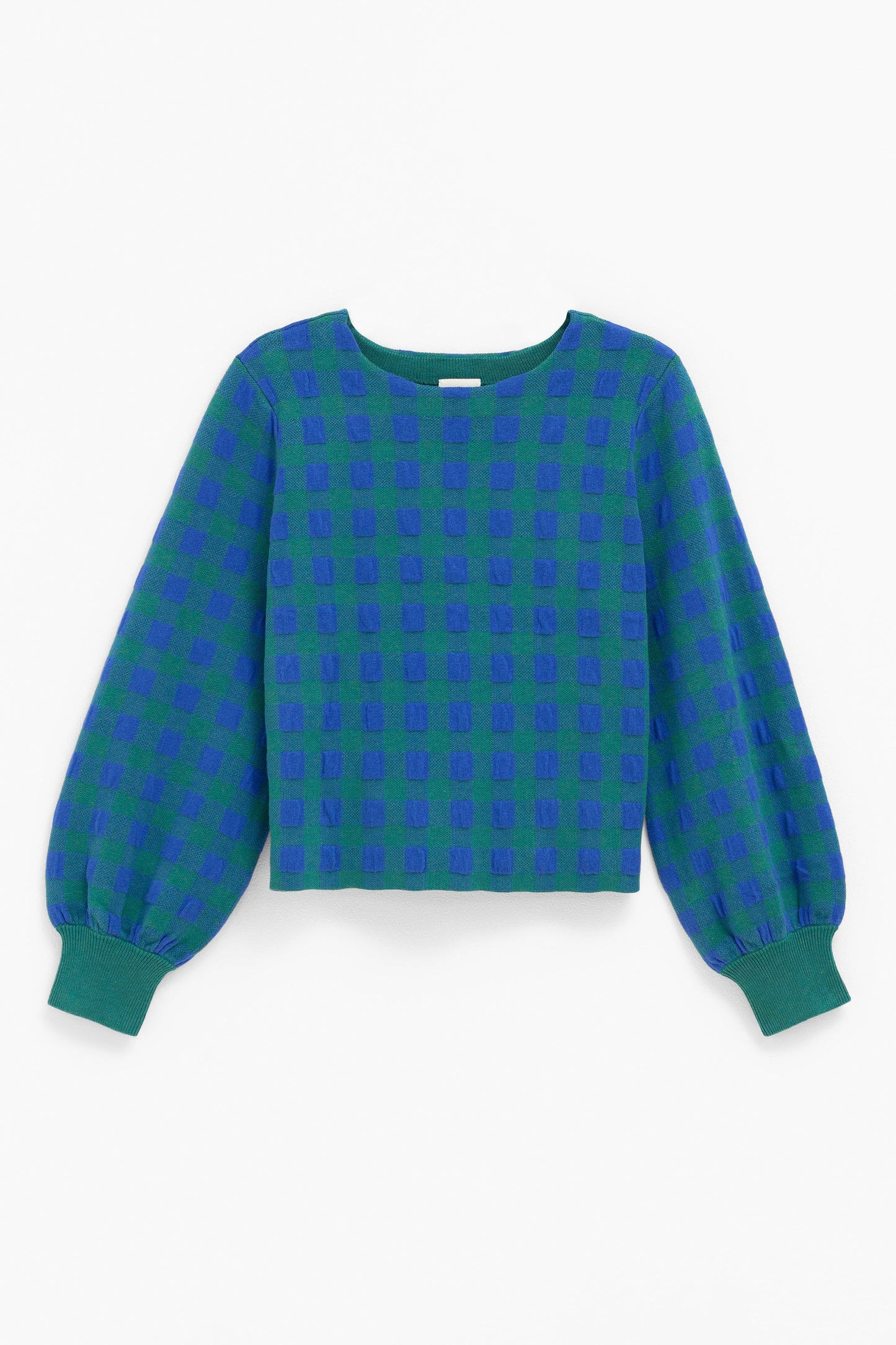 Karo Organic Cotton Gingham Puff Sleeve Woven Sweater Front | ELECTRIC BLUE GREEN GINGHAM