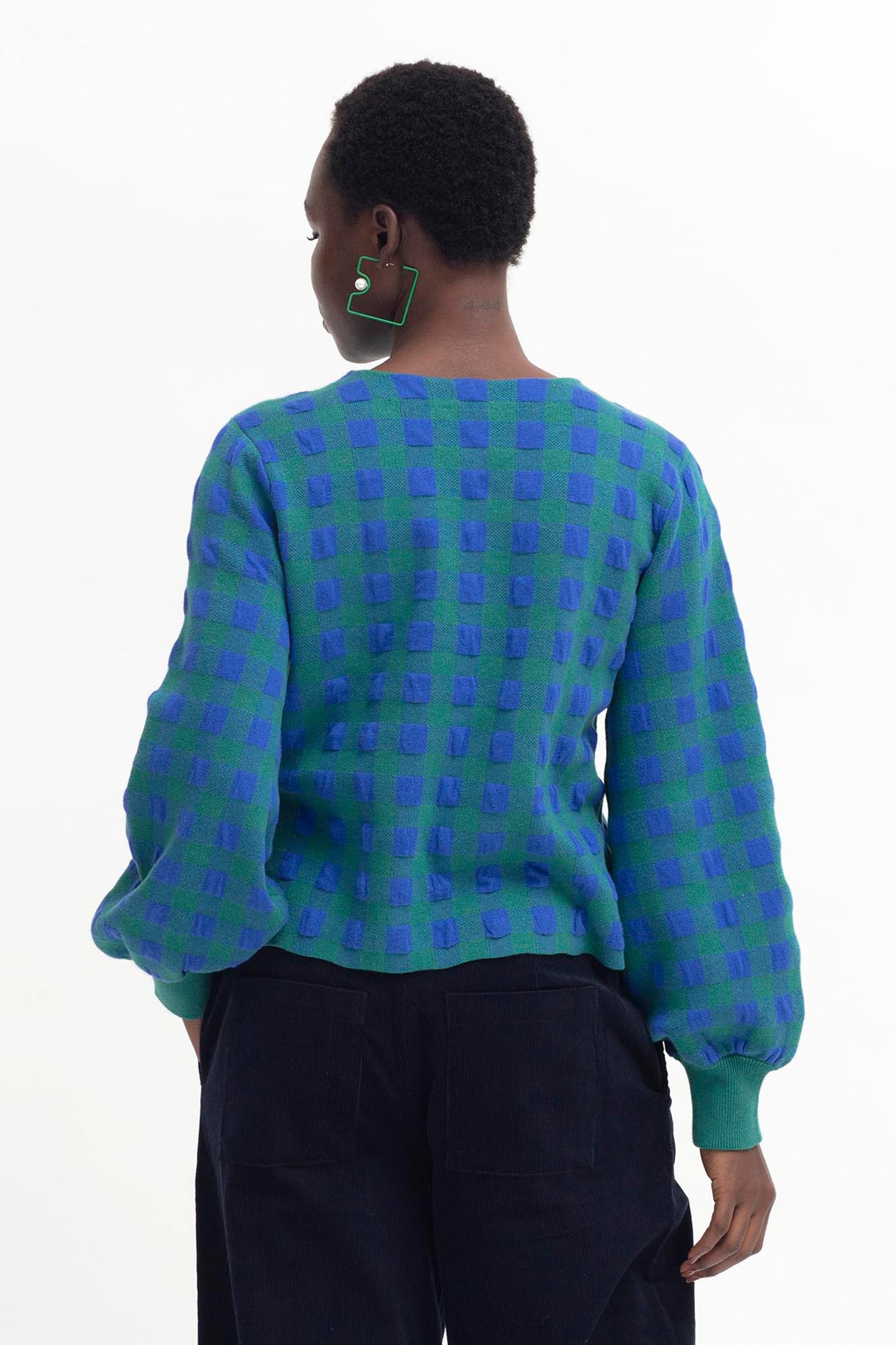 Karo Organic Cotton Gingham Puff Sleeve Woven Sweater Model Back | ELECTRIC BLUE GREEN GINGHAM