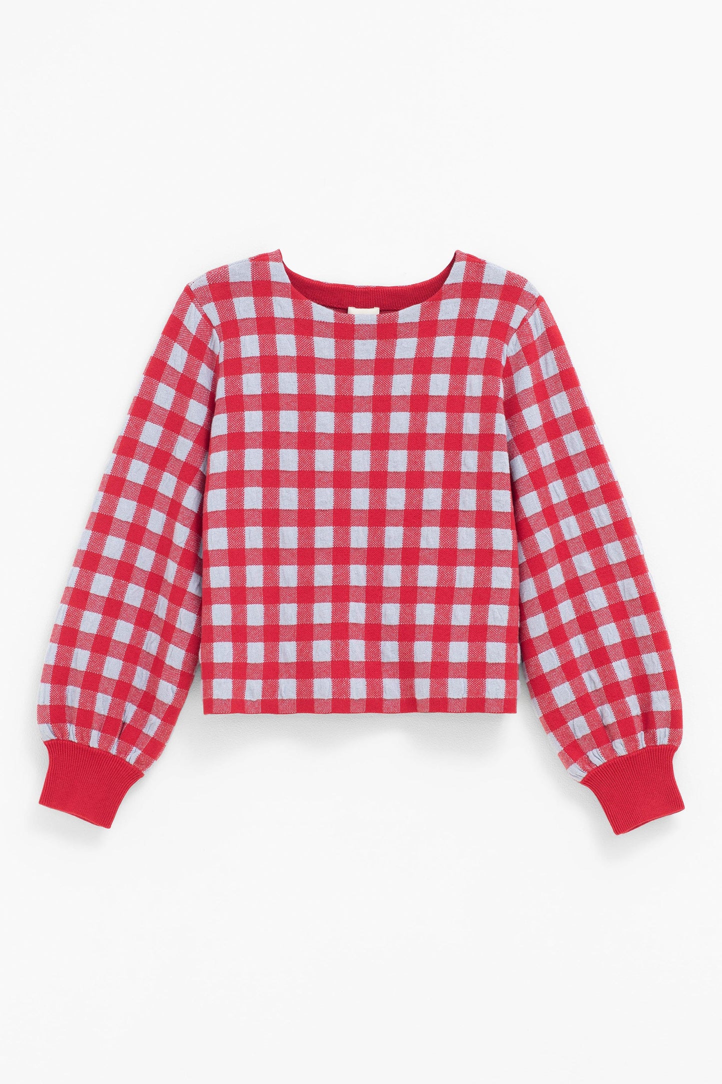 Karo Organic Cotton Gingham Puff Sleeve Woven Sweater Front | RED POWDER BLUE GINGHAM