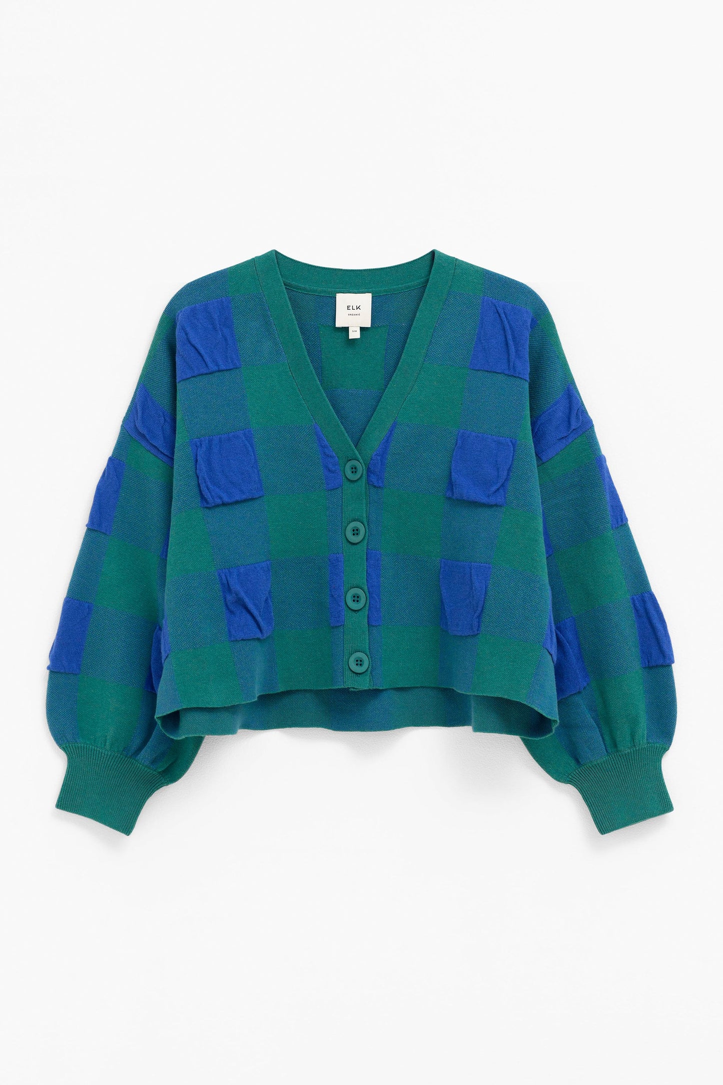  Karo Organic Cotton Large Gingham Woven V- Neck Crop Cardigan Front | ELECTRIC BLUE GREEN GINGHAM