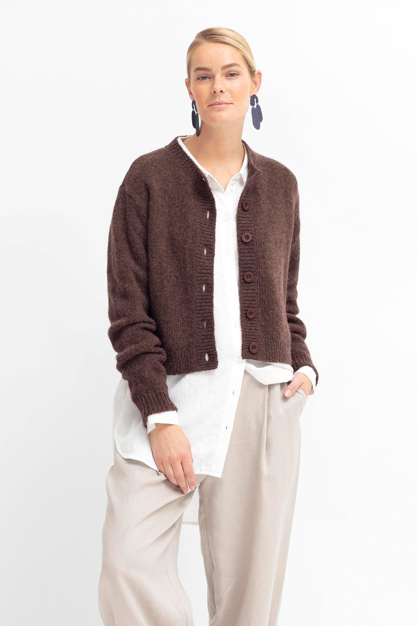 Kabrit Round Neck Button Up Cardigan Model Front | COCOA