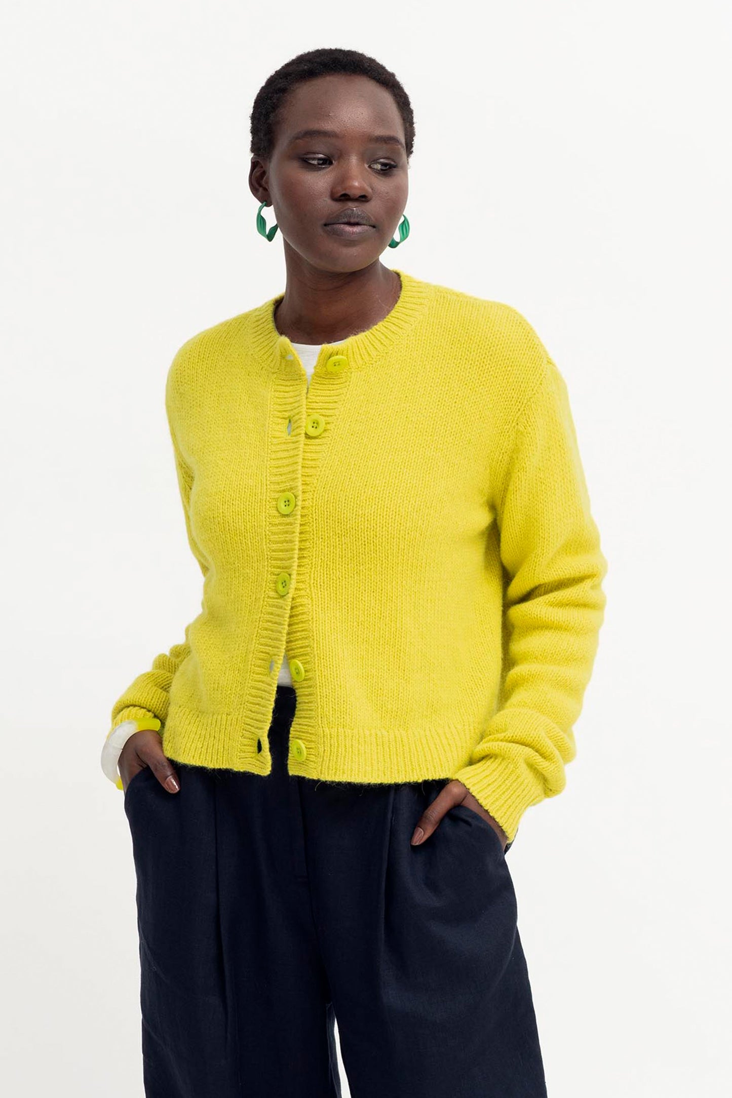 Kabrit Round Neck Button Up Cardigan Model Front | SPLICE YELLOW