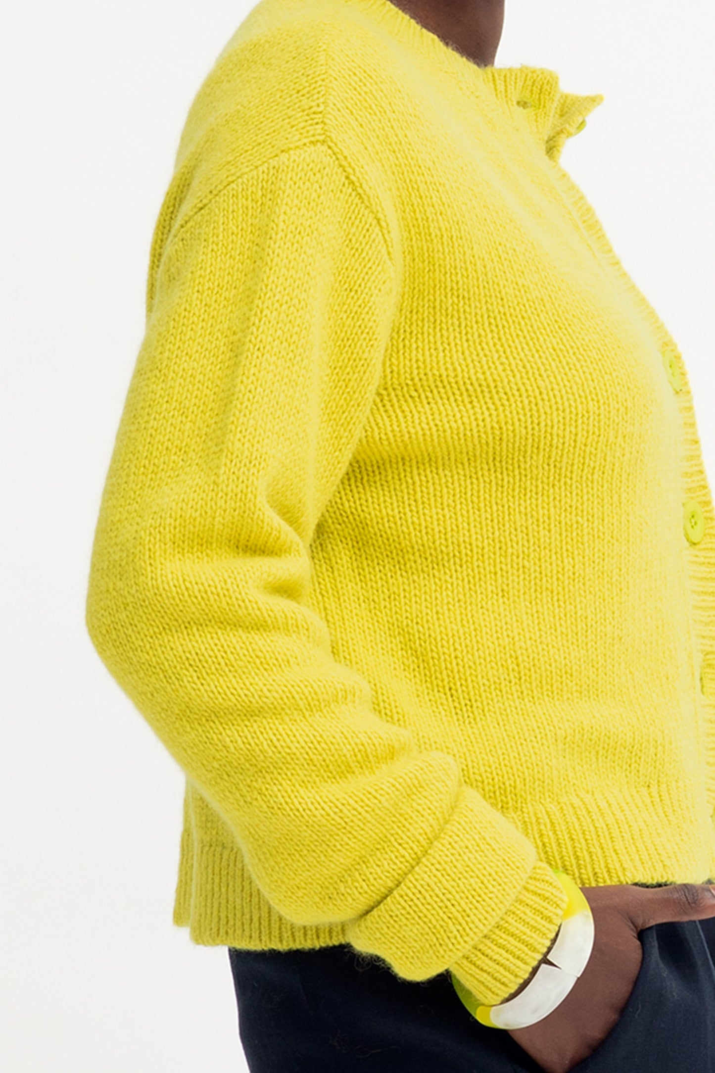 Kabrit Round Neck Button Up Cardigan Model Side Detail | SPLICE YELLOW