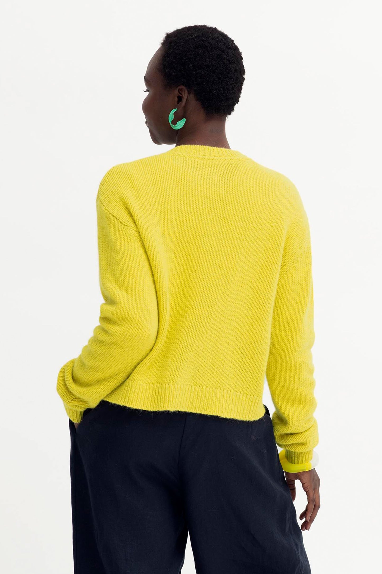 Kabrit Round Neck Button Up Cardigan Model Back | SPLICE YELLOW