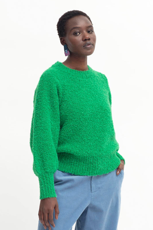 Tukko Textured Boucle Balloon Sleeve Knit Sweater Model Front | IVY GREEN