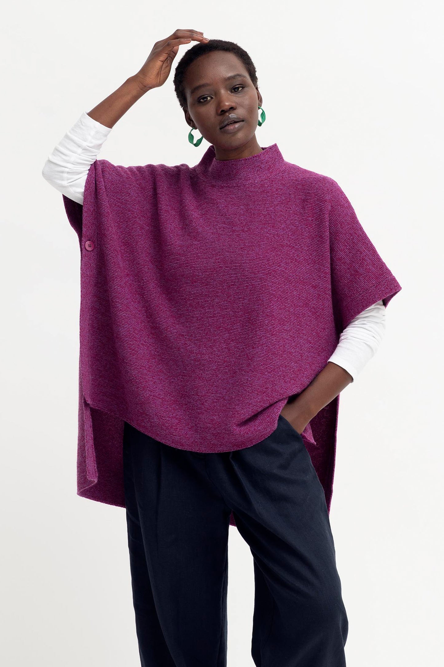 Obal Boxy Mock Neck Wool Knit Poncho Model Front | ORCHID MARLE