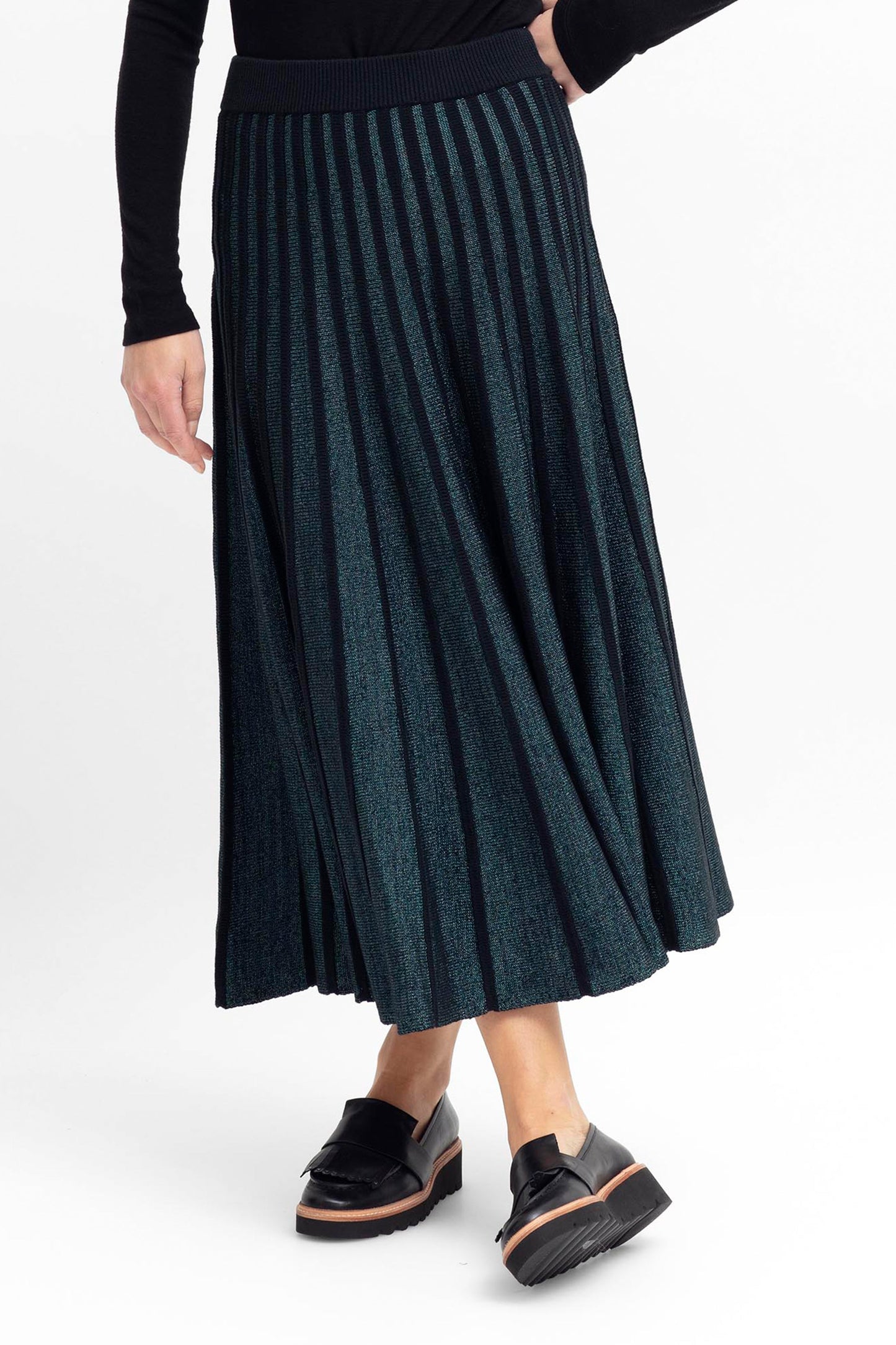 Glittra Lurex Knit Metallic A-Line Skirt Model Front | TEAL METALLIC
