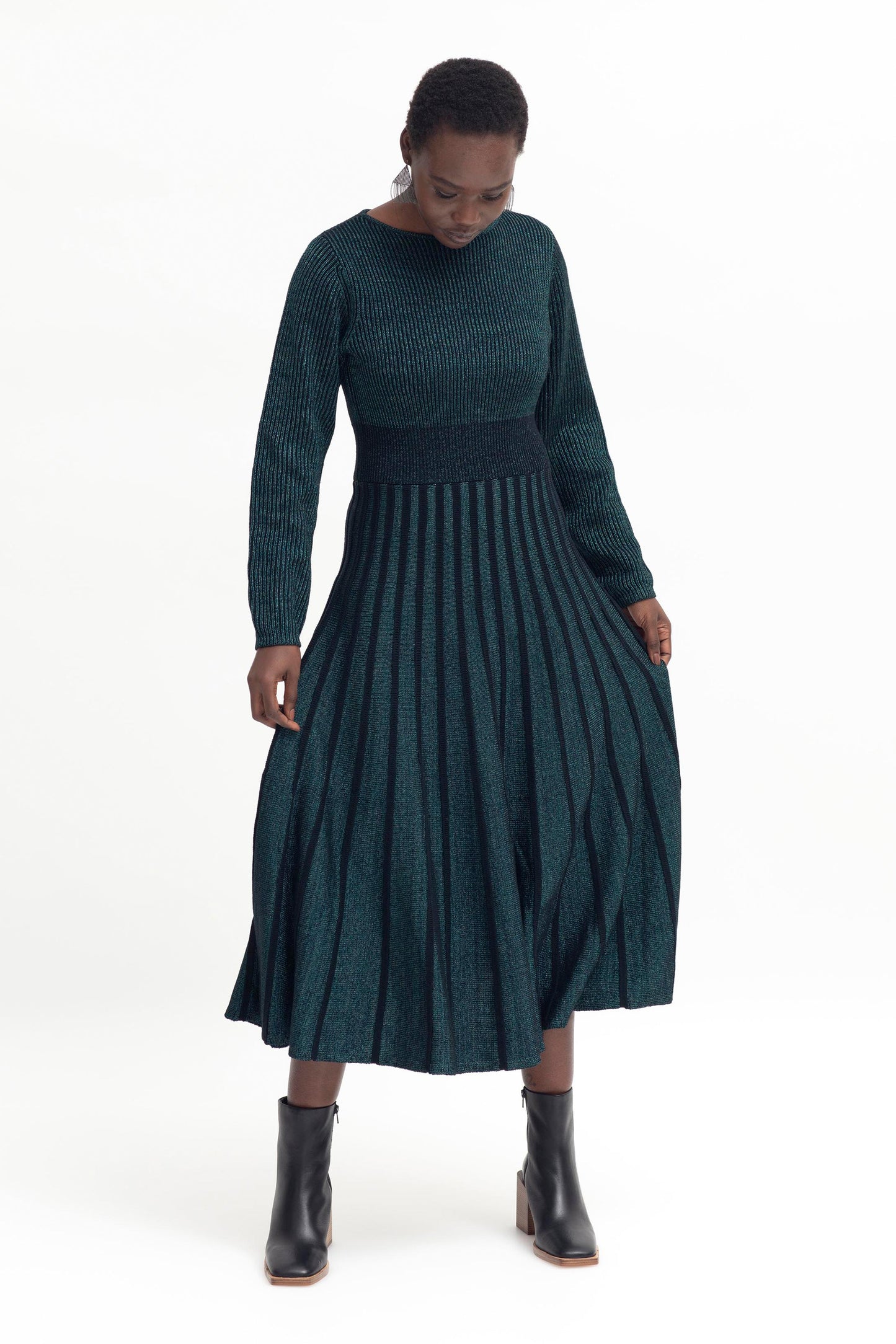 Glittra Lurex Knit Metallic Dress Model Front | TEAL METALLIC