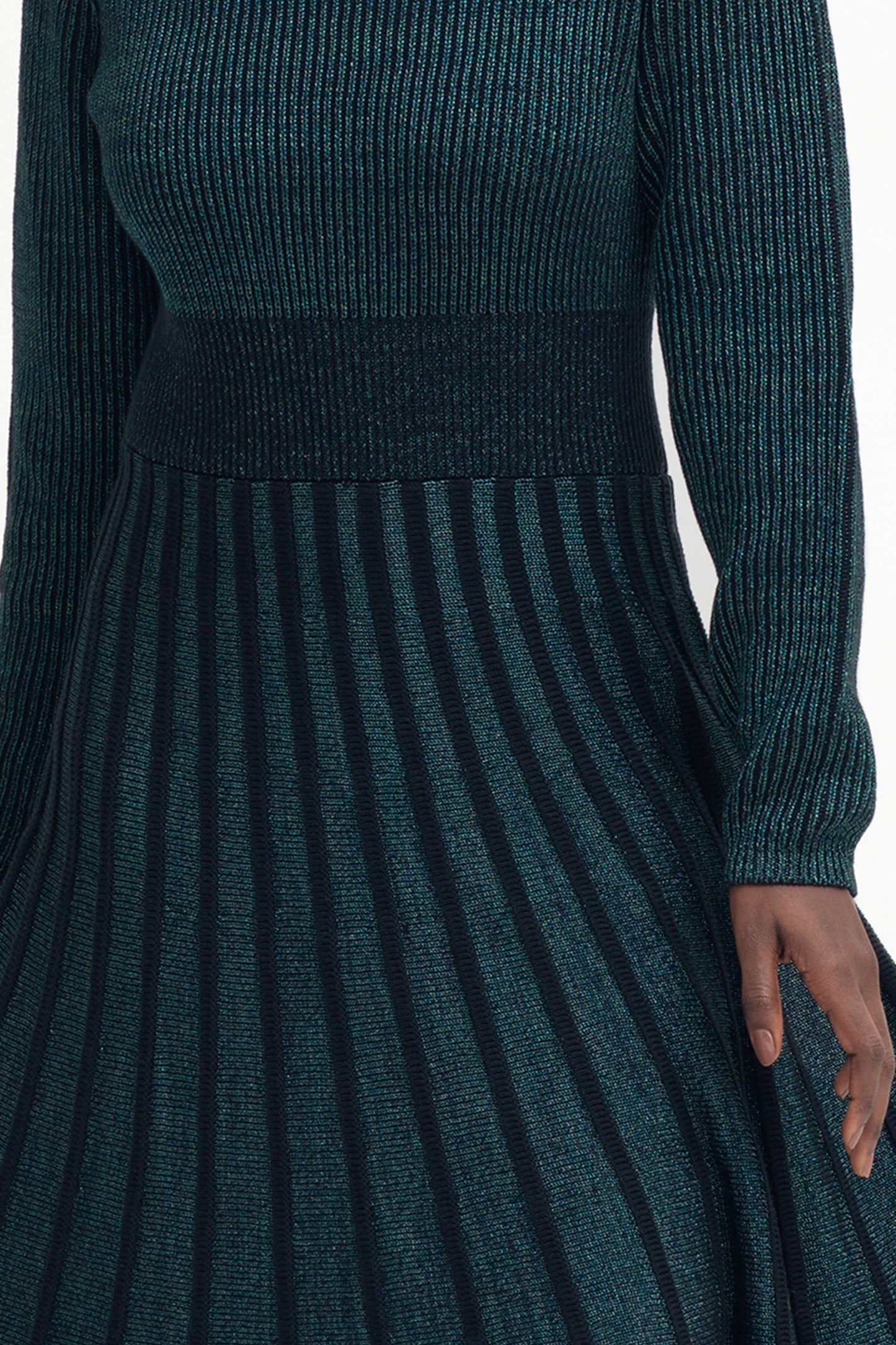 Glittra Lurex Knit Metallic Dress Model Front Detail | TEAL METALLIC