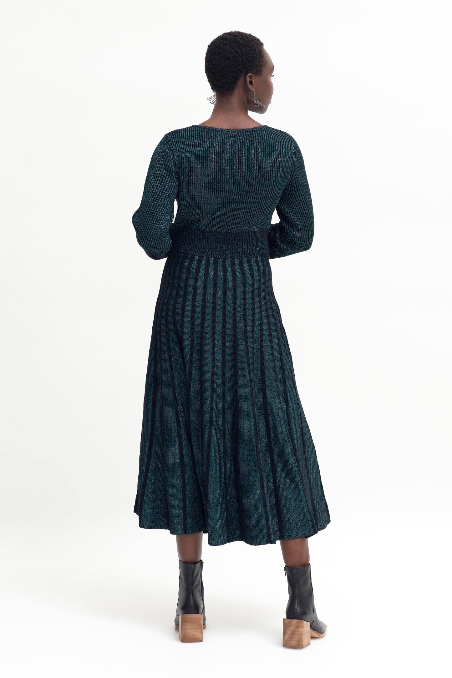 Glittra Lurex Knit Metallic Dress Model Back | TEAL METALLIC