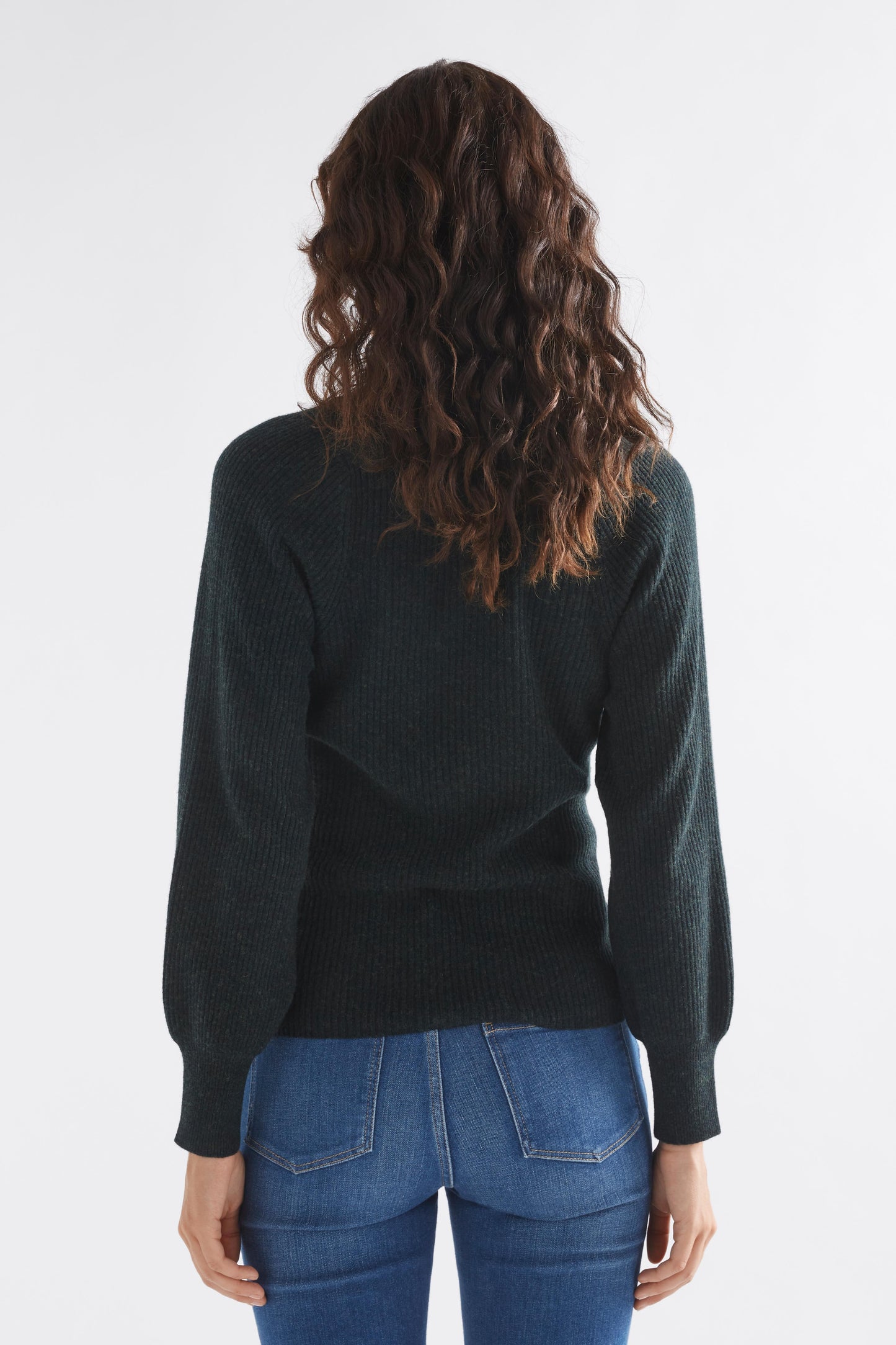 Lysa V-Neck Puff Sleeve Rib Wool Knit Sweater Model Back | BLACK PINE
