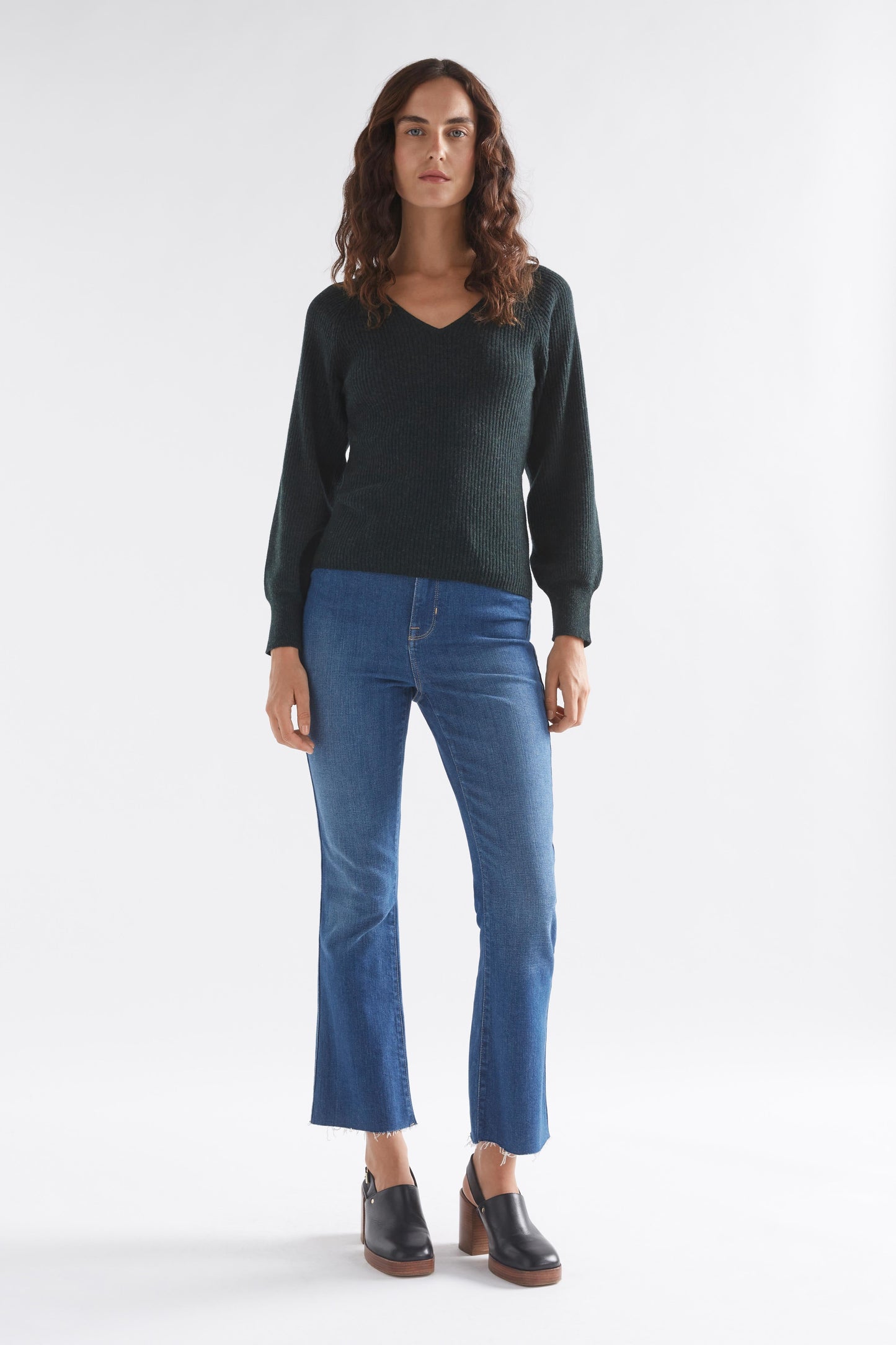 Lysa V-Neck Puff Sleeve Rib Wool Knit Sweater Model Front Full Body | BLACK PINE