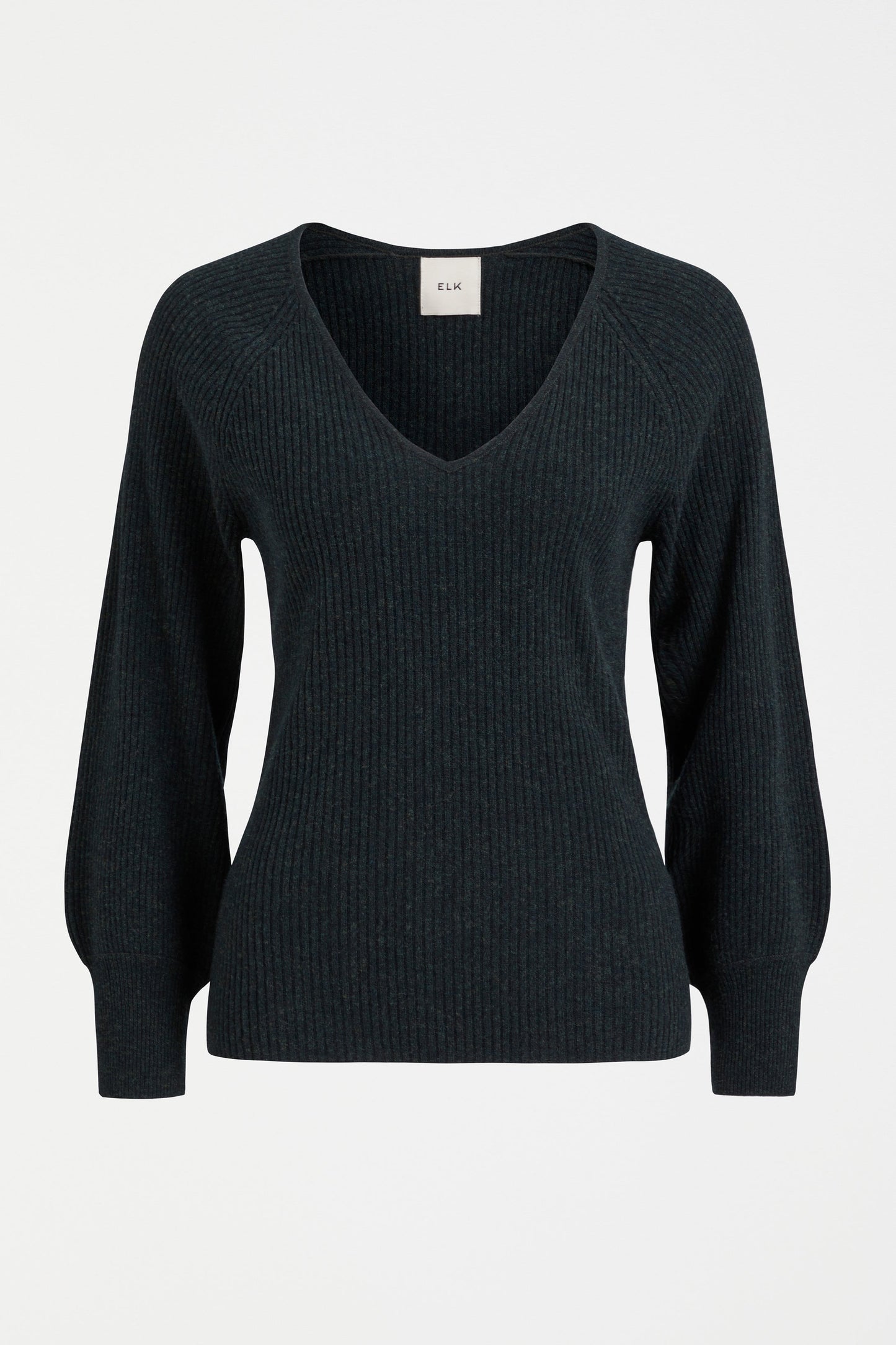 Lysa V-Neck Puff Sleeve Rib Wool Knit Sweater Front | BLACK PINE