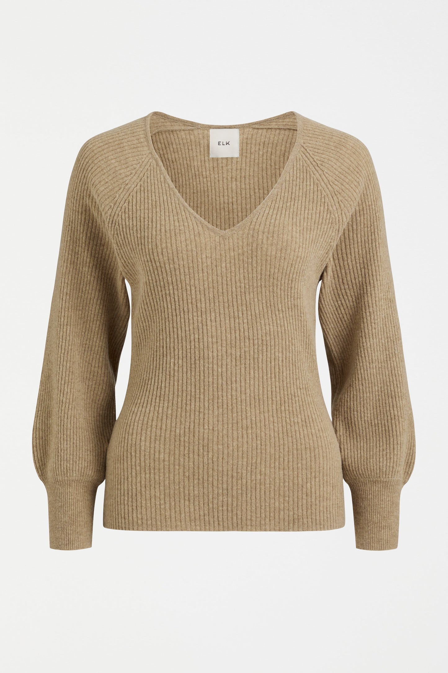 Lysa V-Neck Puff Sleeve Rib Wool Knit Sweater Front | SAND