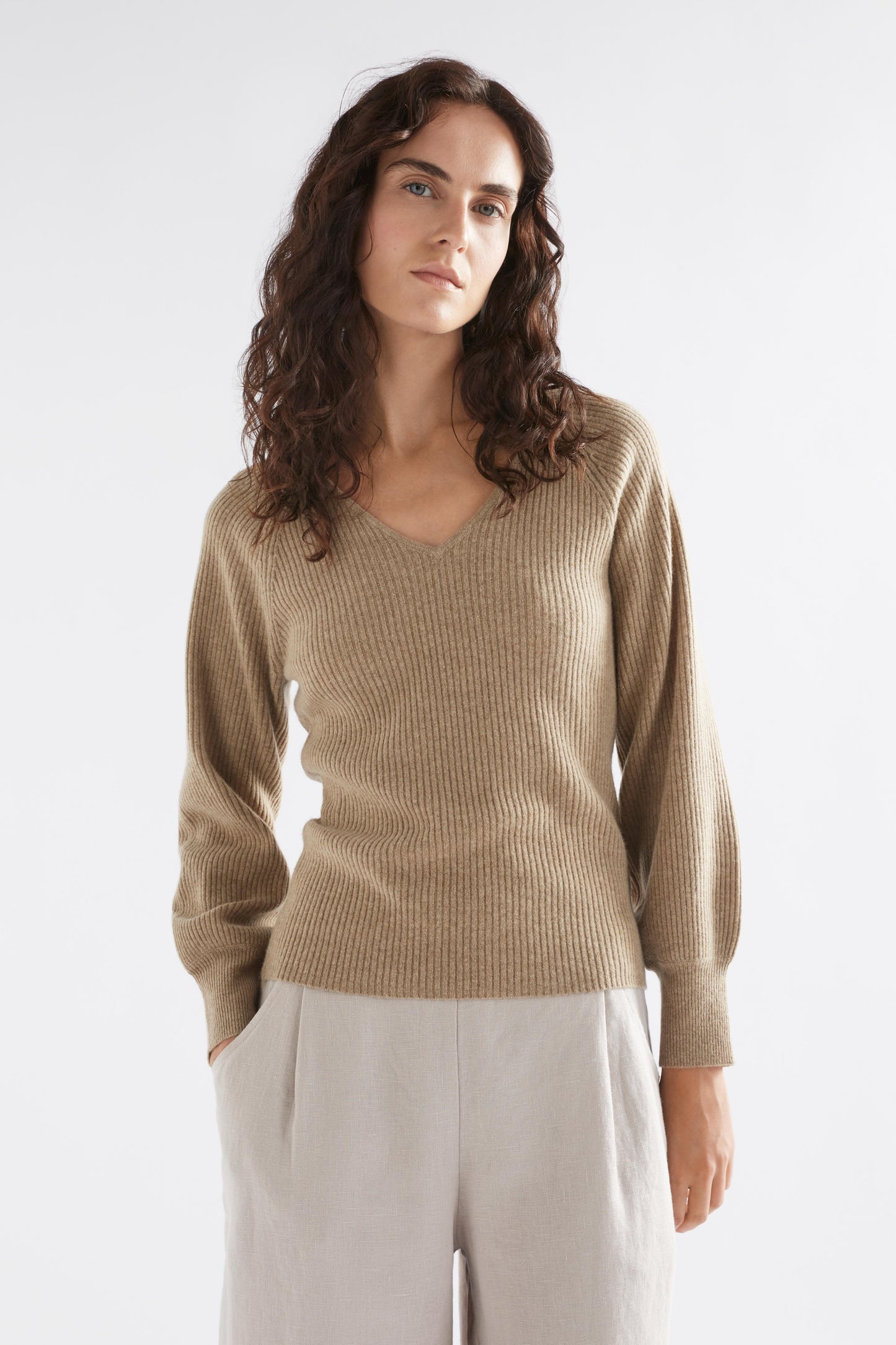 Lysa V-Neck Puff Sleeve Rib Wool Knit Sweater Model Front | SAND