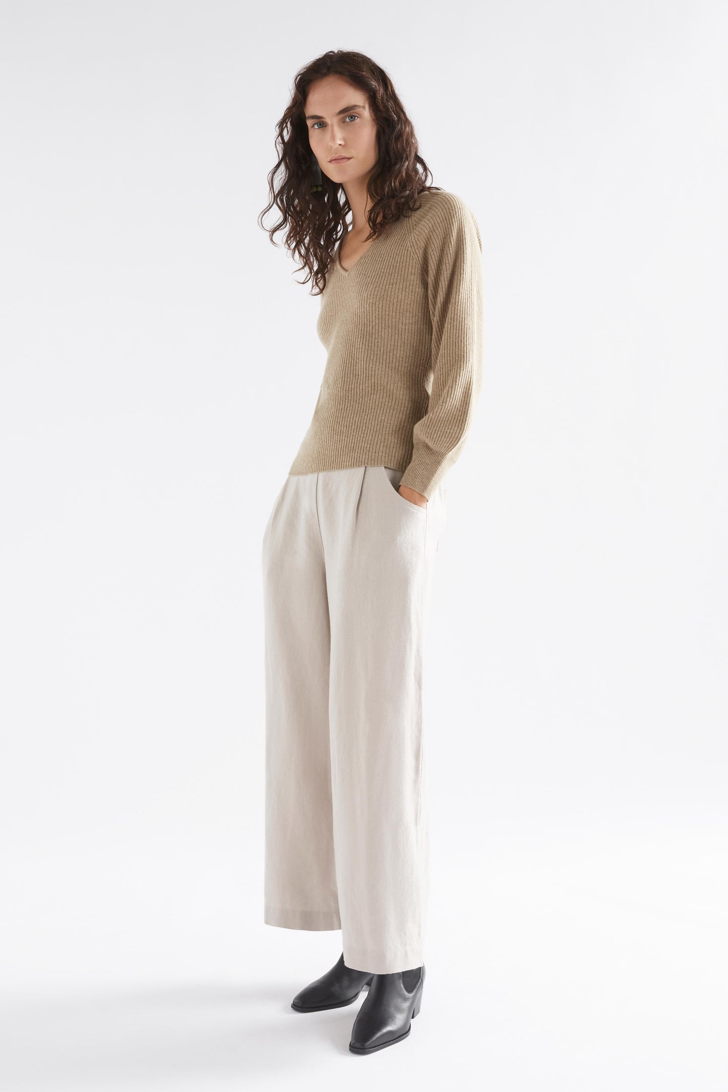 Lysa V-Neck Puff Sleeve Rib Wool Knit Sweater Model Side Full Body | SAND