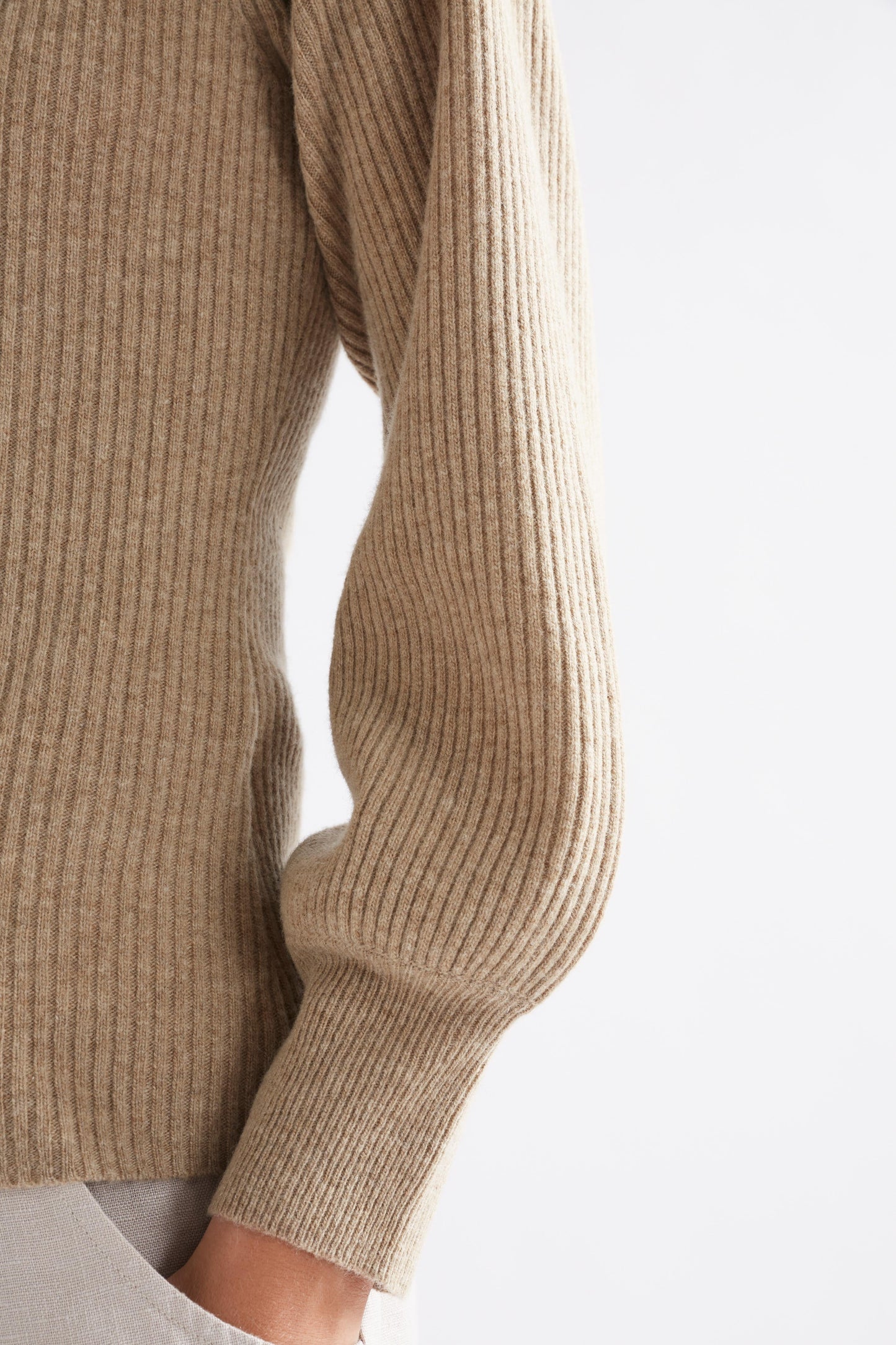 Lysa V-Neck Puff Sleeve Rib Wool Knit Sweater Model Sleeve Detail | SAND