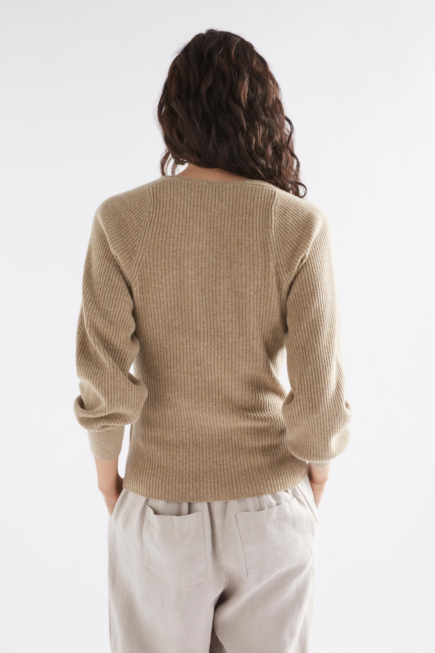 Lysa V-Neck Puff Sleeve Rib Wool Knit Sweater Model Back | SAND