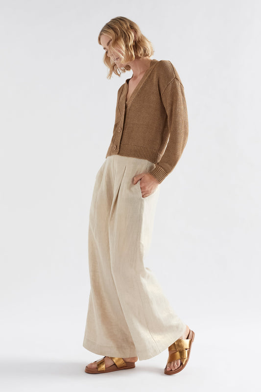Keent Linen V-Neck Cardigan Model Side | CAMEL