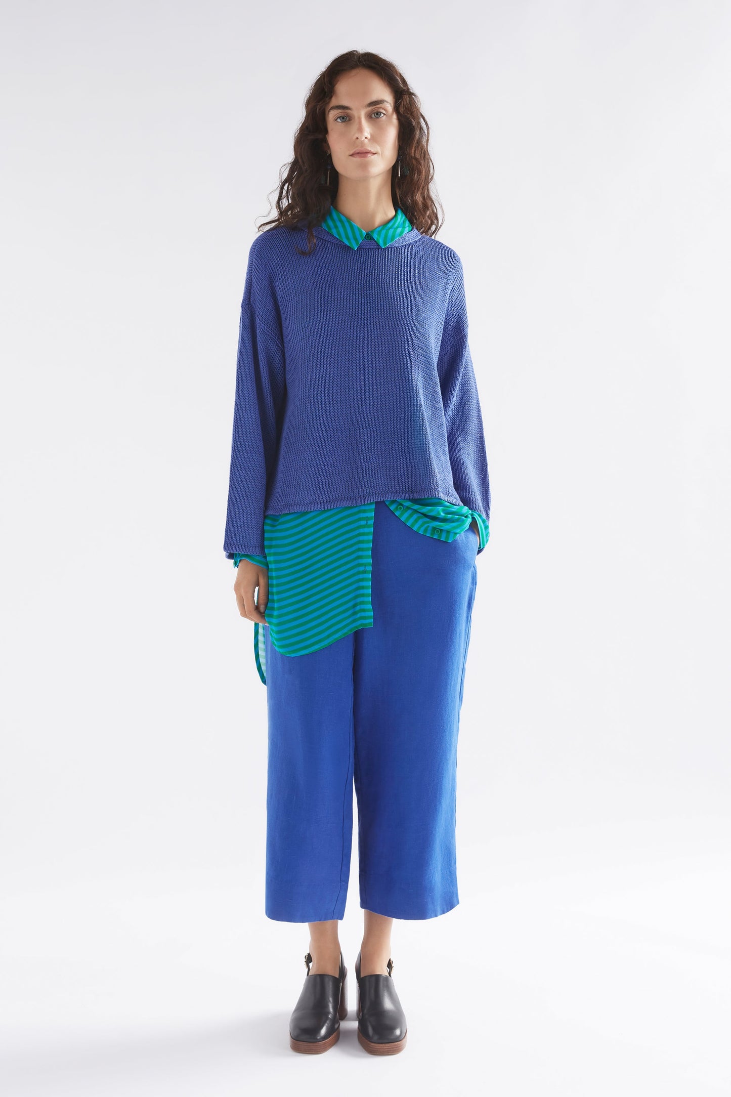 Mica Relaxed Drop Shoulder Linen Knit Sweater Model Front Full Body | ULTRAMARINE