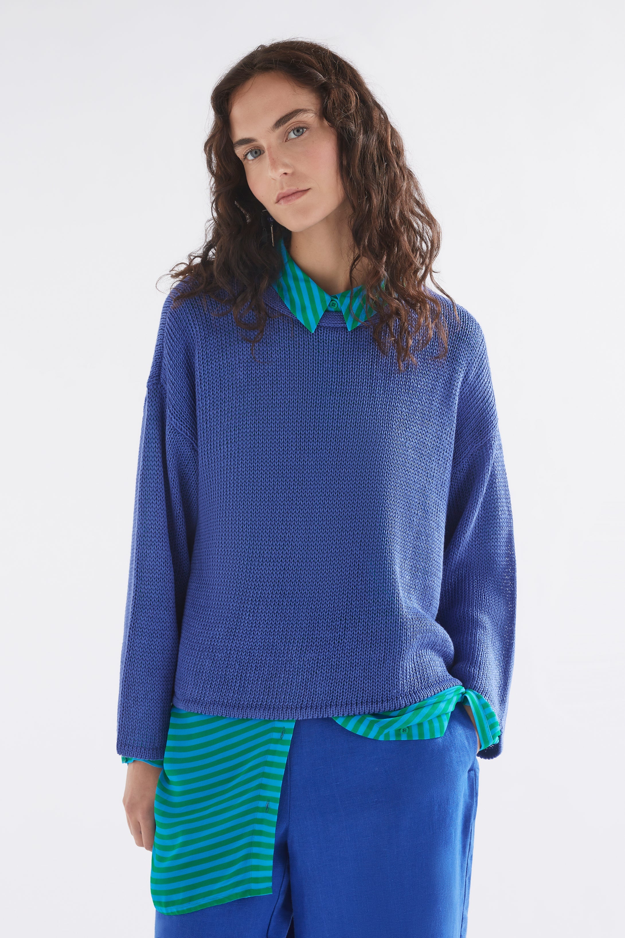 Mica Relaxed Drop Shoulder Linen Knit Sweater Model Front | ULTRAMARINE