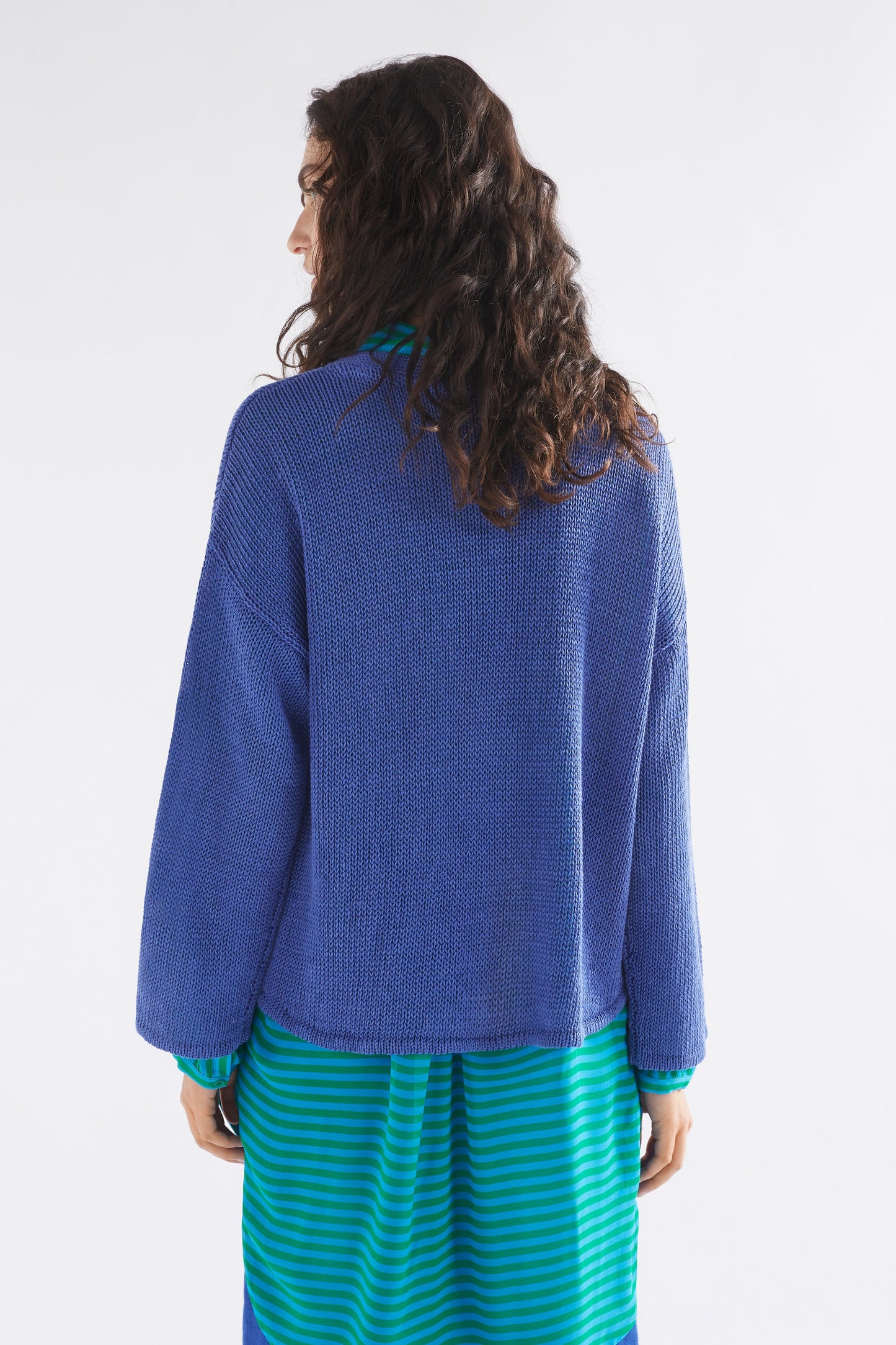 Mica Relaxed Drop Shoulder Linen Knit Sweater Model Back | ULTRAMARINE