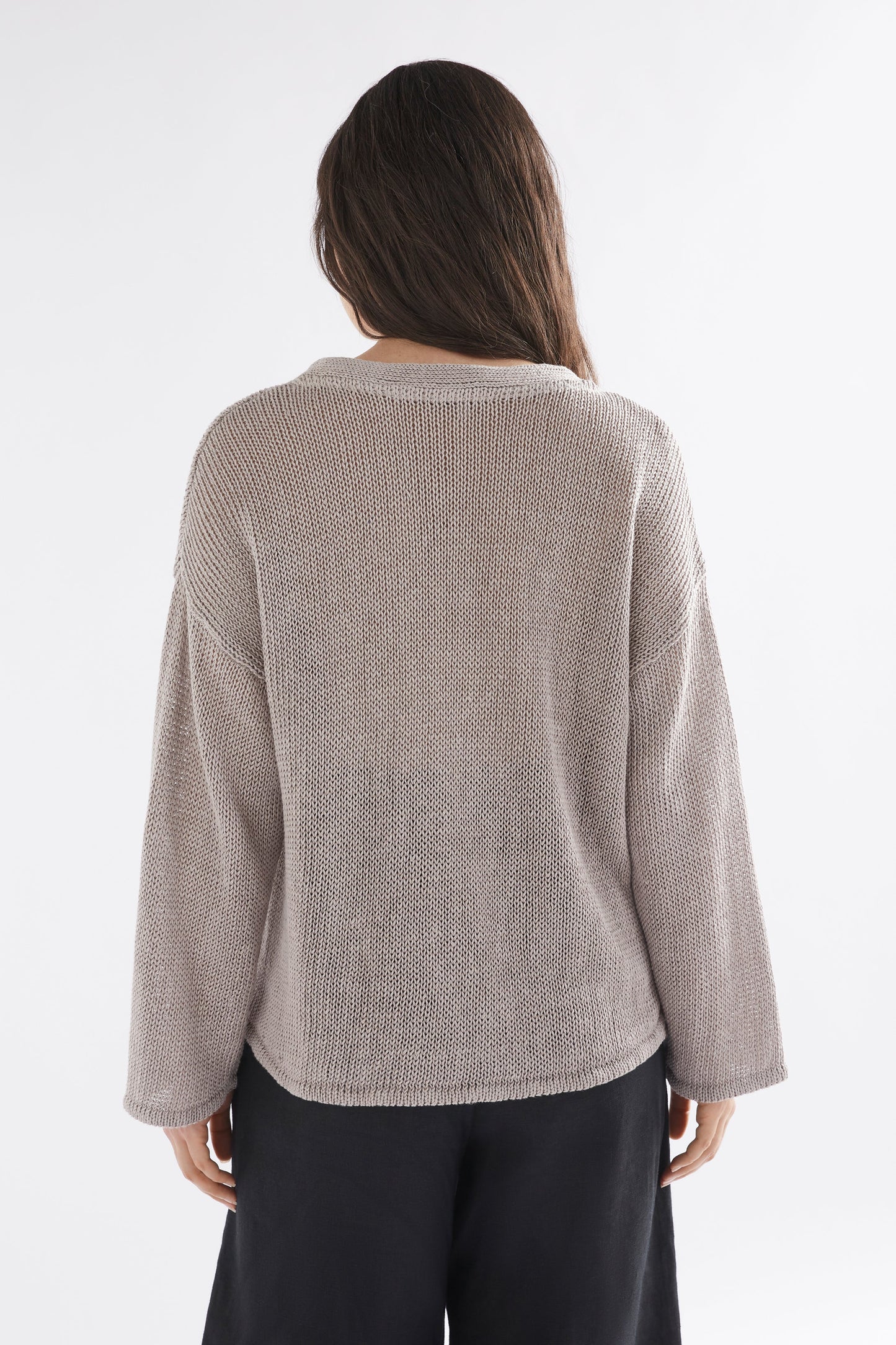 Mica Relaxed Drop Shoulder Linen Knit Sweater Model Back | SILVER