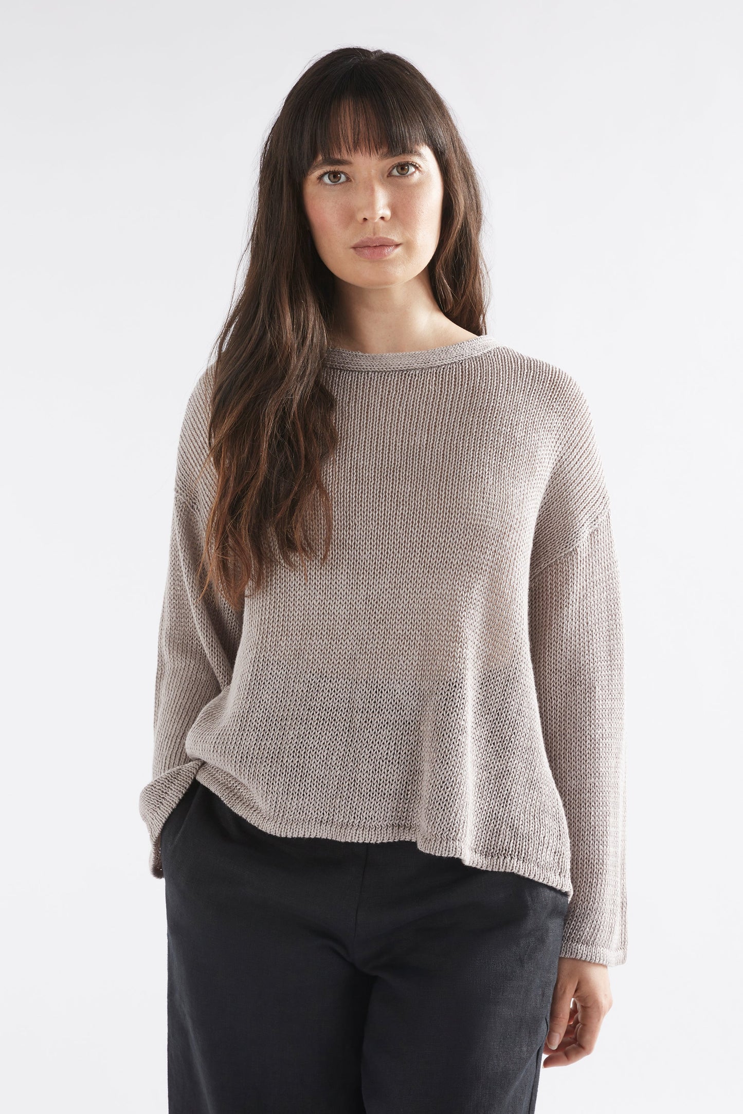 Mica Relaxed Drop Shoulder Linen Knit Sweater Model Front | SILVER