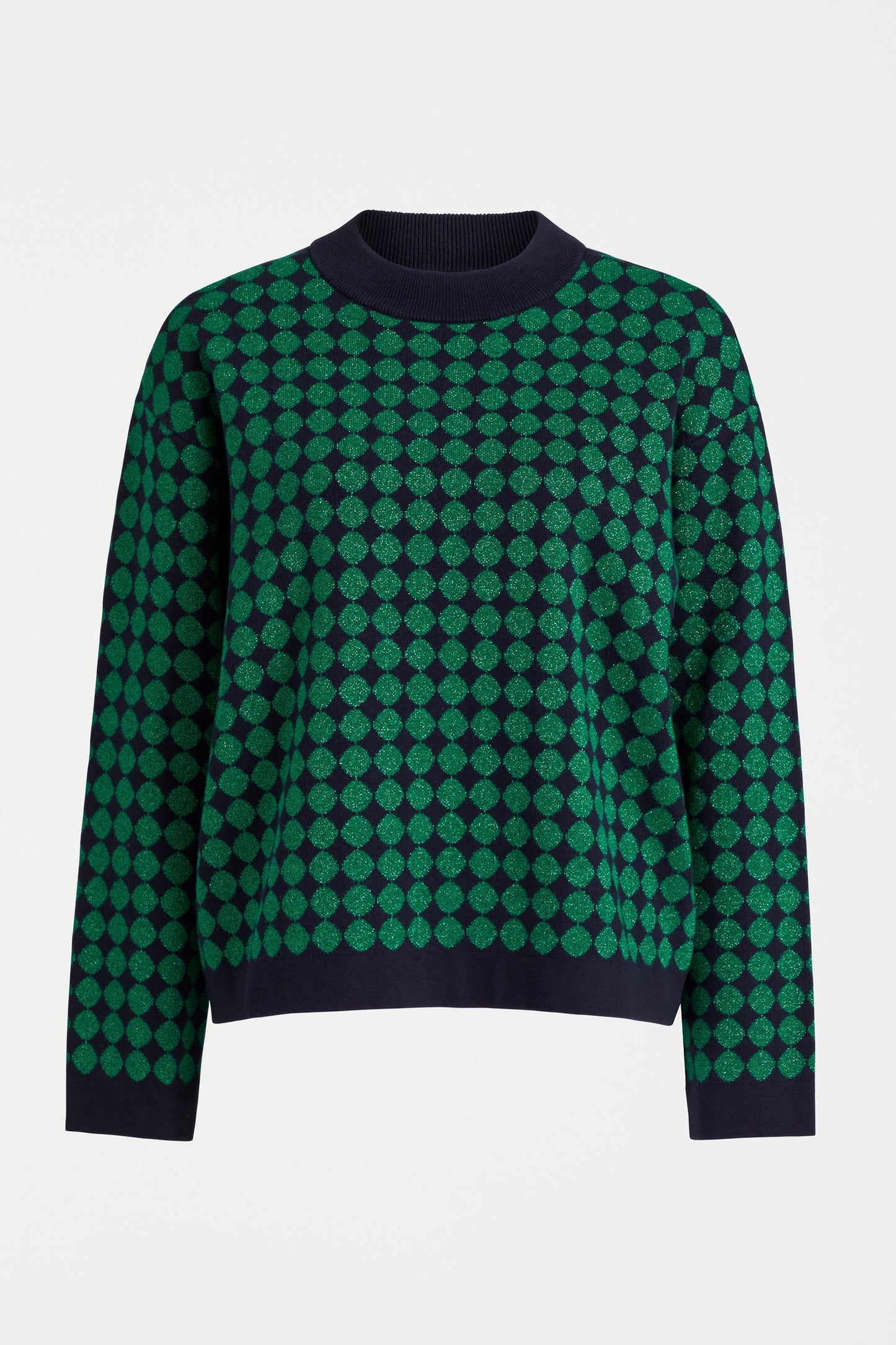 Leira Mock Turtle Neck Dropped Sleeve Metallic Circle Knit Sweater Front | NAVY GREEN METALLIC