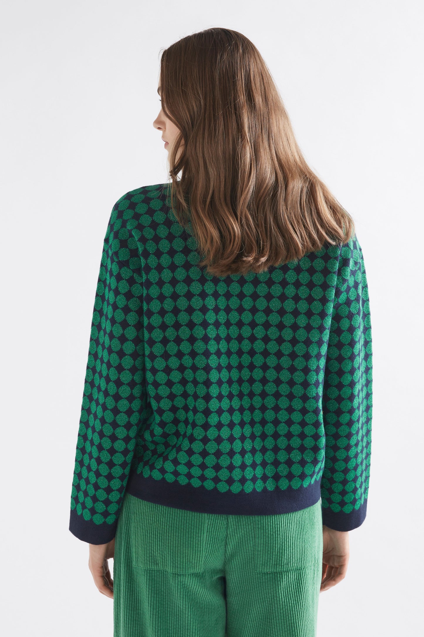 Leira Mock Turtle Neck Dropped Sleeve Metallic Circle Knit Sweater Model Back | NAVY GREEN METALLIC