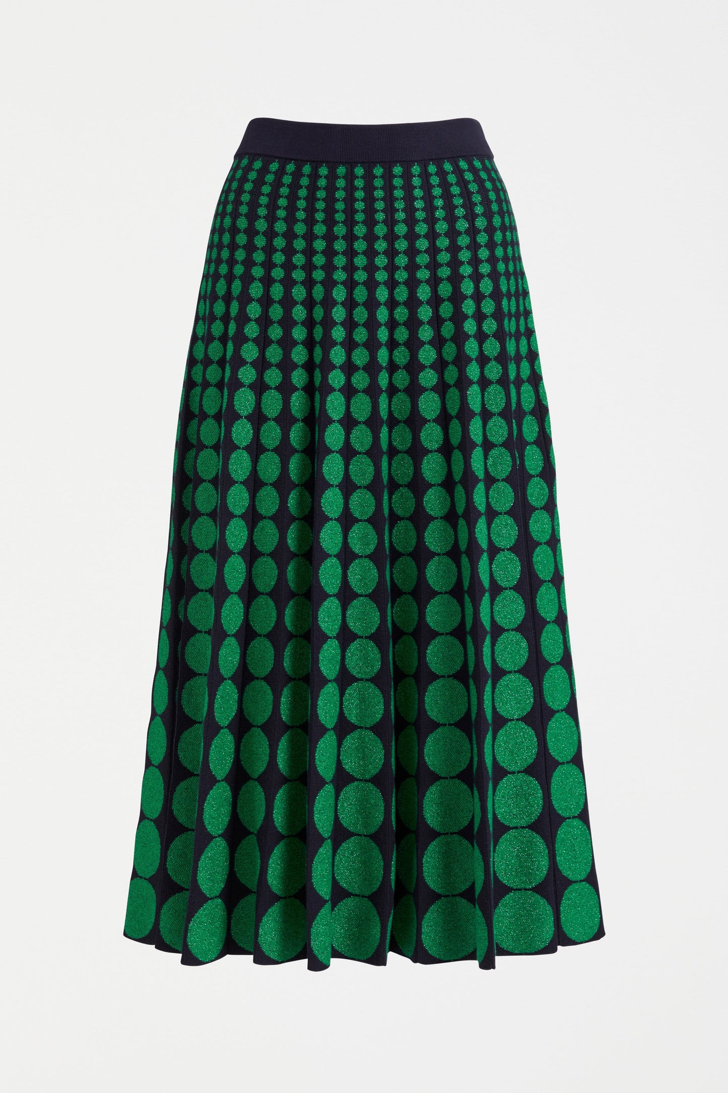 Leira A-Line Midi Metallic Knit Skirt with Circle Design Front| NAVY GREEN METALLIC