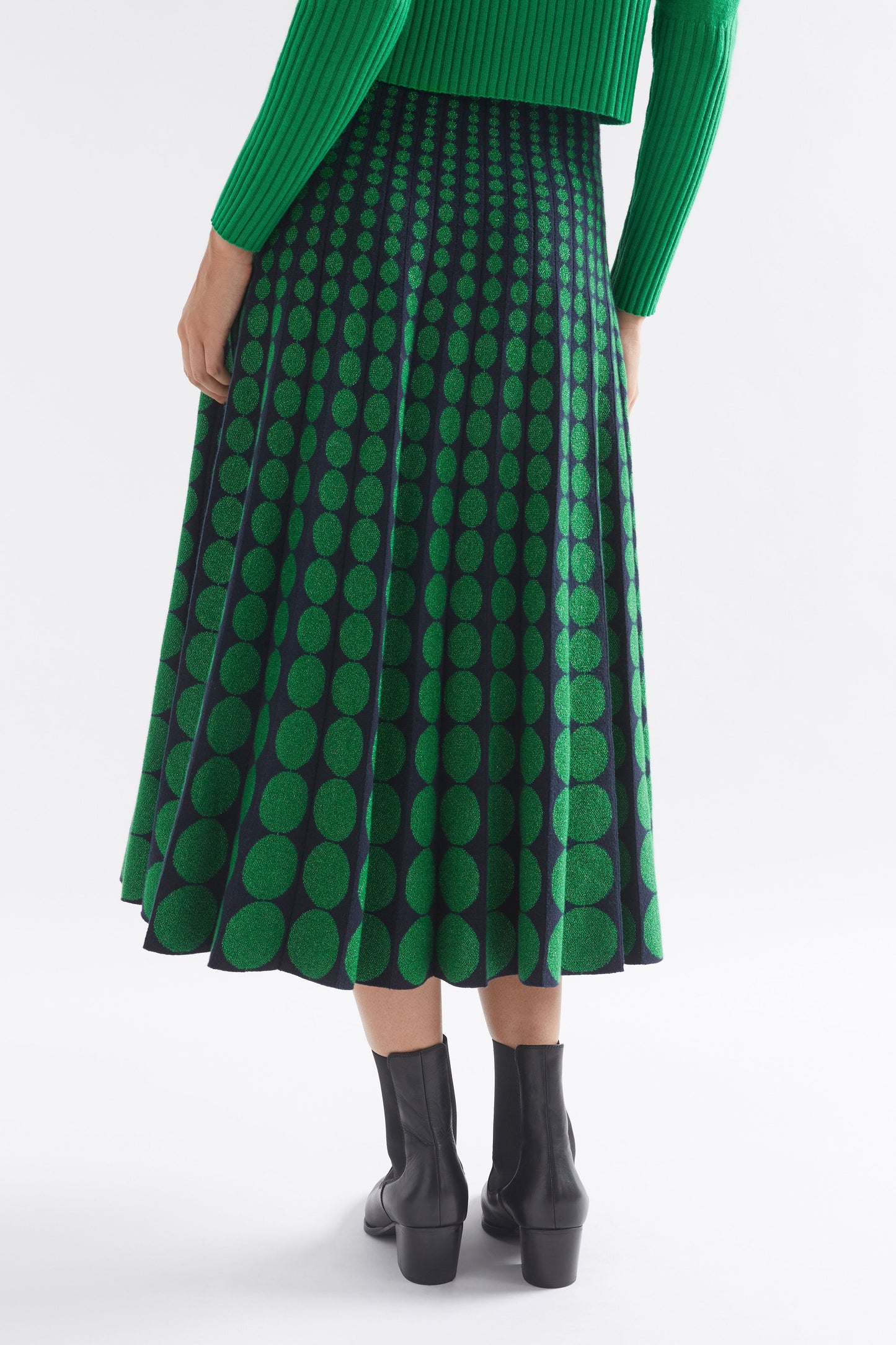 Leira A-Line Midi Metallic Knit Skirt with Circle Design Model Back| NAVY GREEN METALLIC