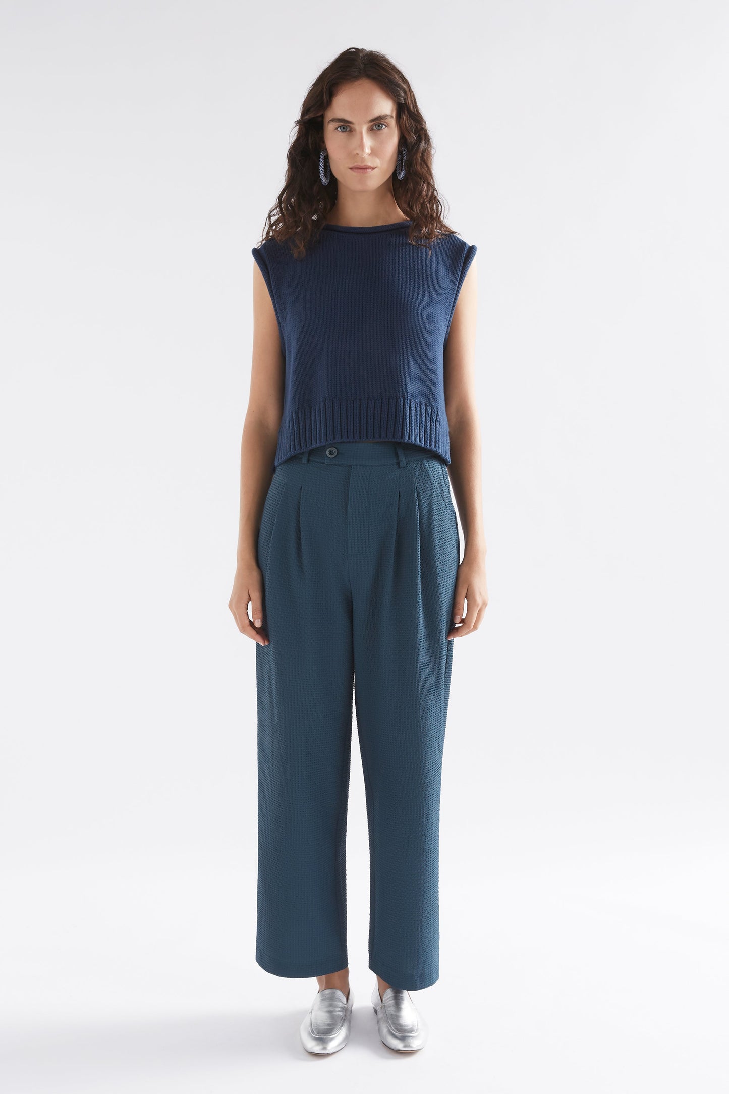 Lunel Organic Cotton Cap Sleeve Rolled Hem Cropped Vest Model Front Full Body | DEEP SEA BLUE