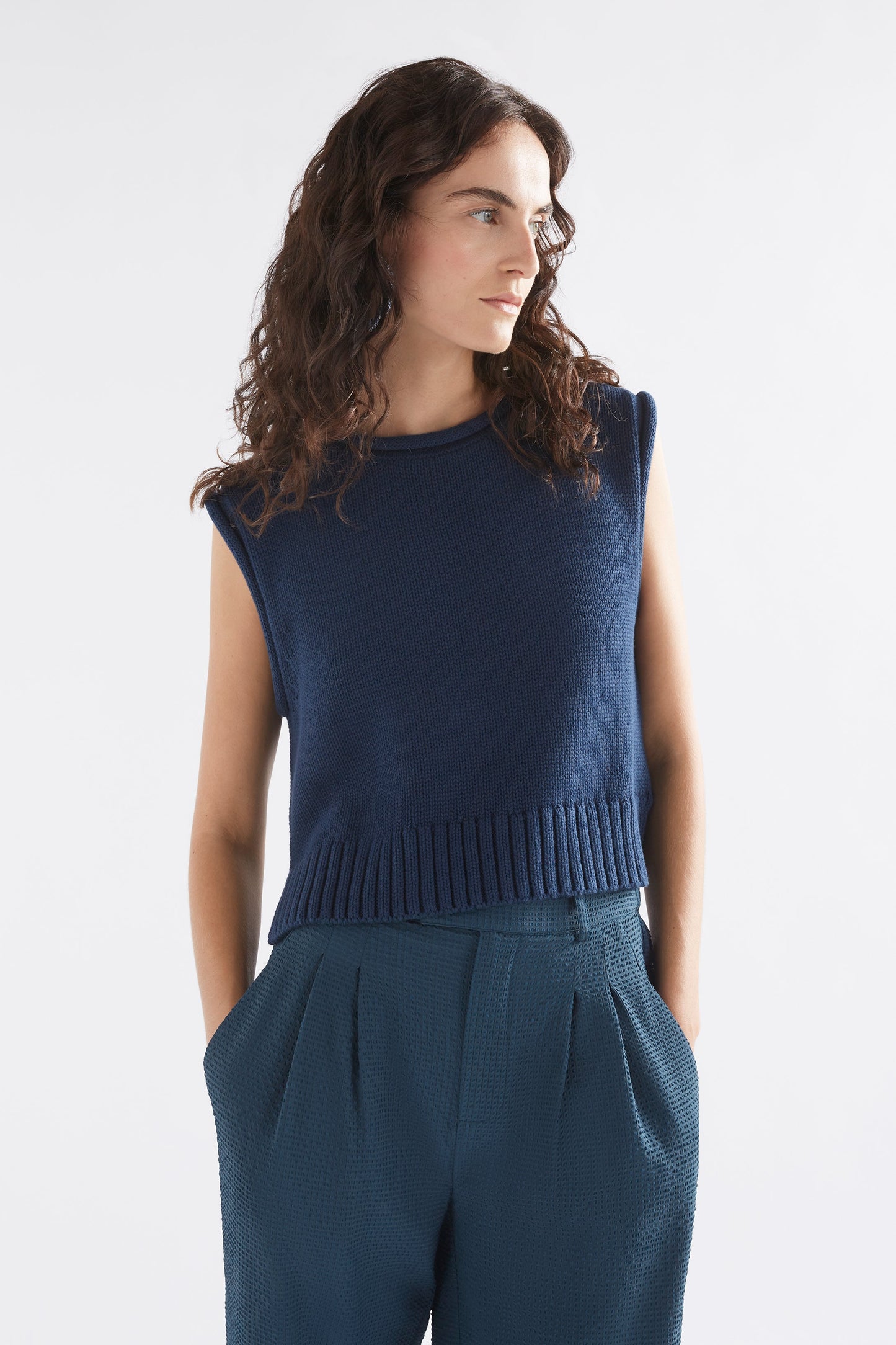 Lunel Organic Cotton Cap Sleeve Rolled Hem Cropped Vest Model Front | DEEP SEA BLUE