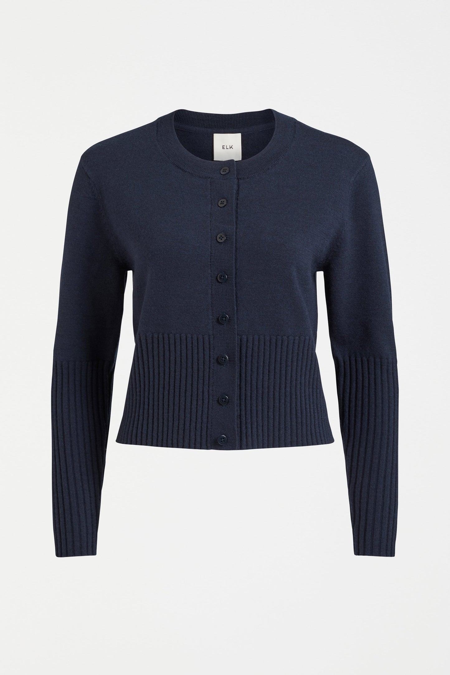 Finby Merino Round Neck Ribbed Cardigan Front | NAVY