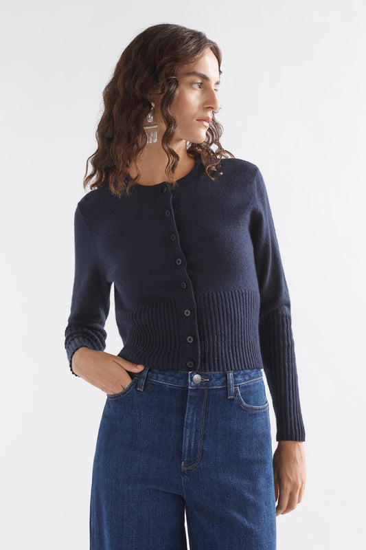 Finby Merino Round Neck Ribbed Cardigan Model Front | NAVY
