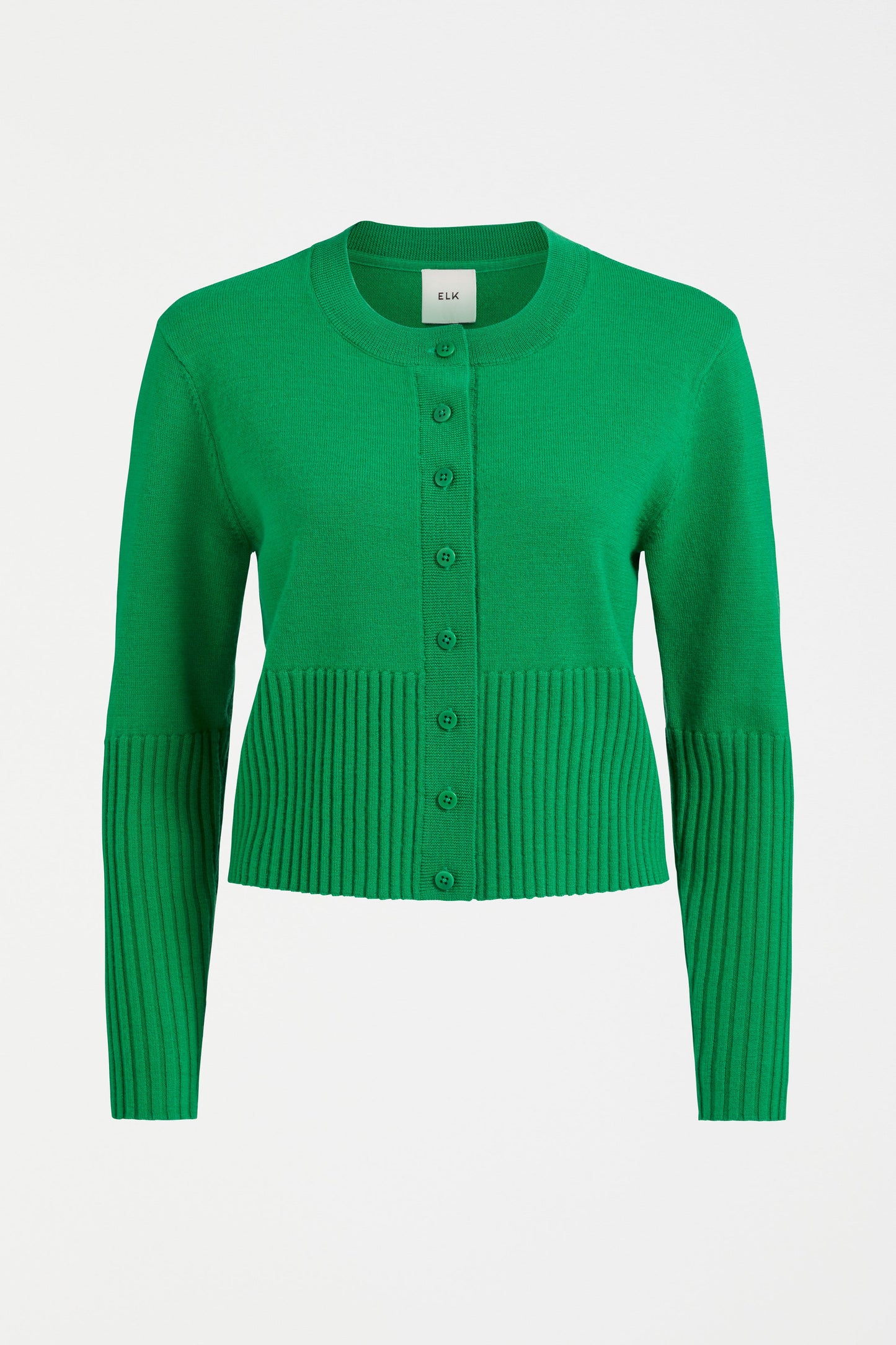Finby Merino Round Neck Ribbed Cardigan Front | SPRING GREEN
