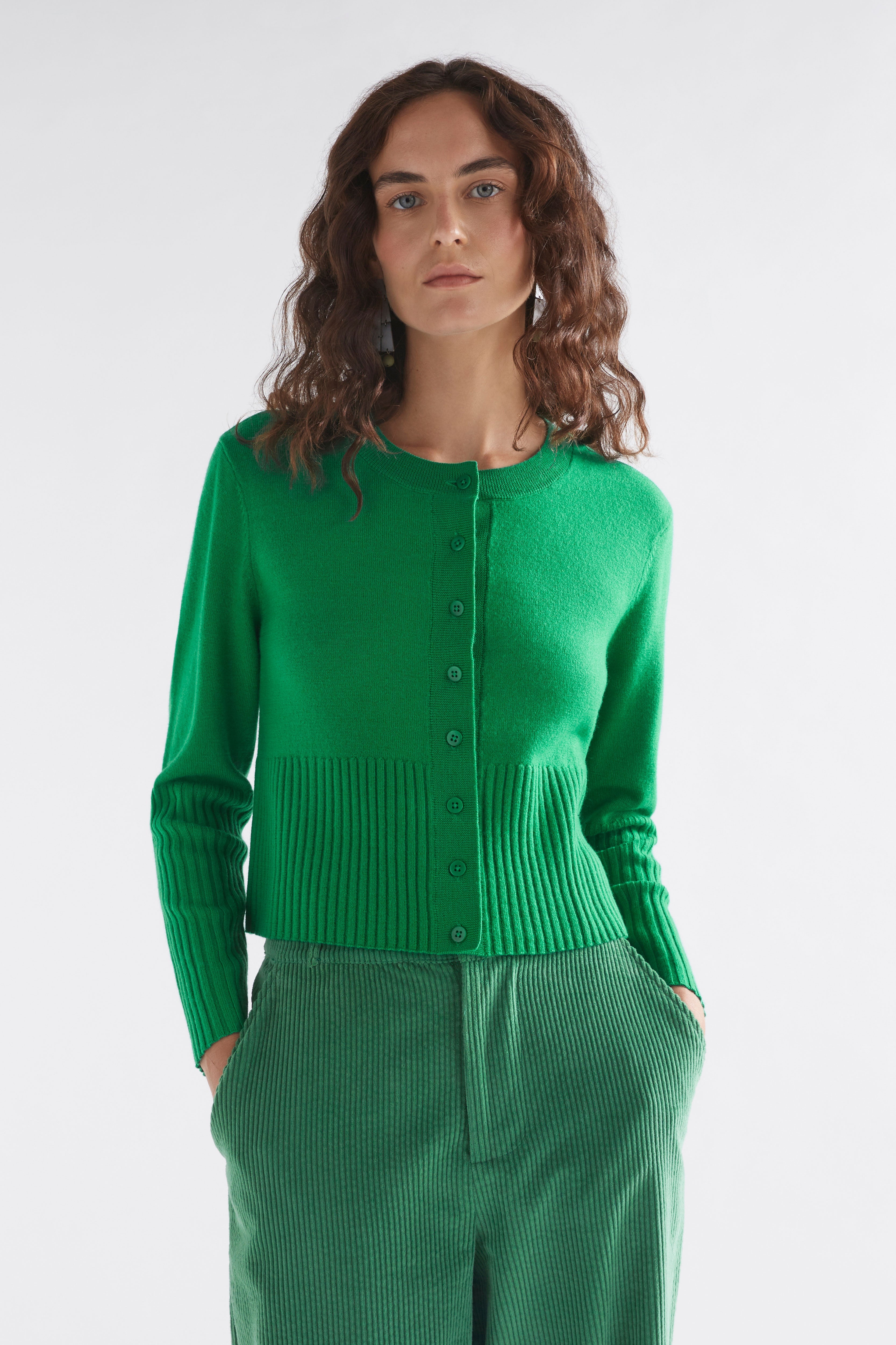Finby Merino Round Neck Ribbed Cardigan Model Front | SPRING GREEN