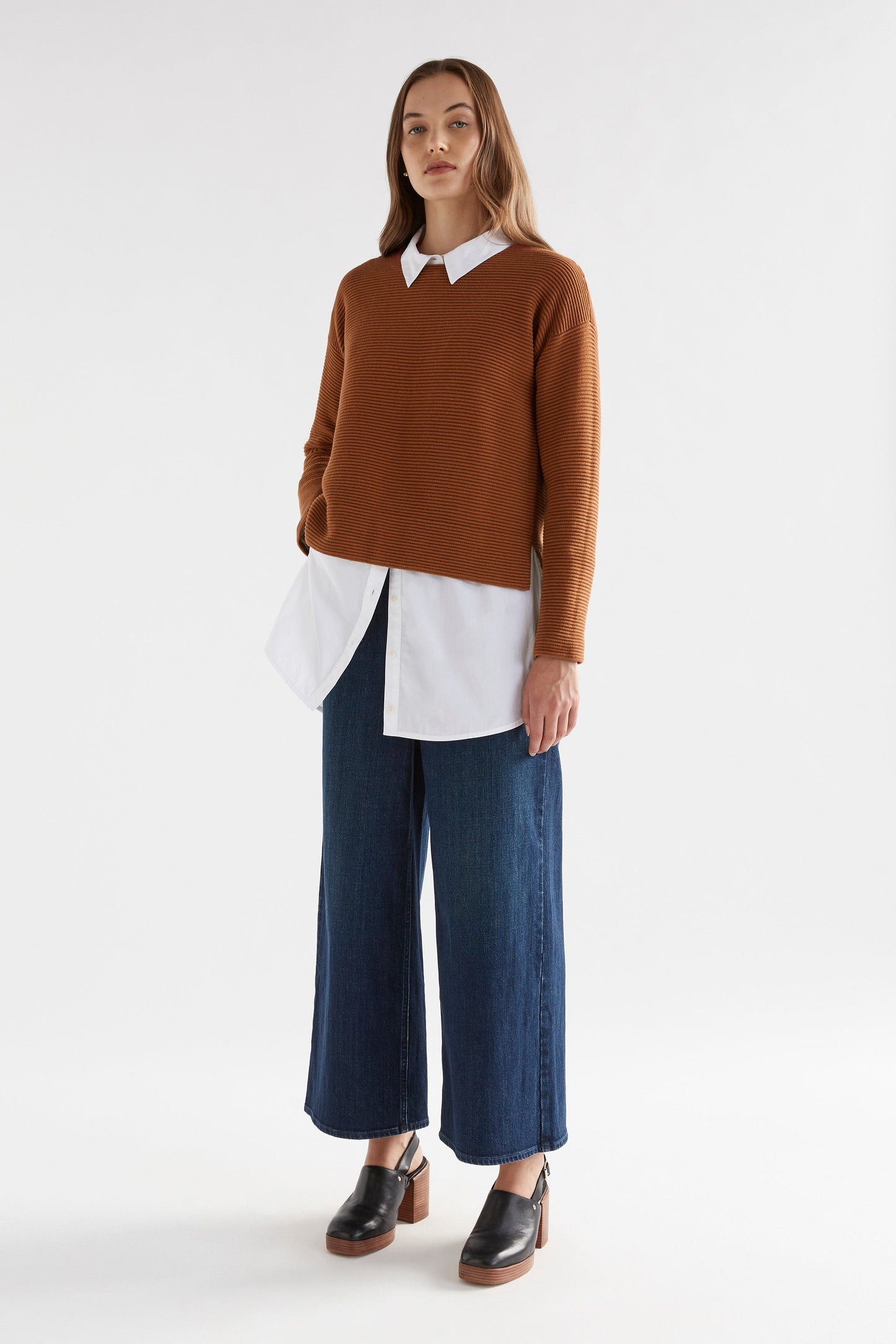 Neiu Cotton Merino Round Neck Ottoman Sweater Model Front full Body | COPPER