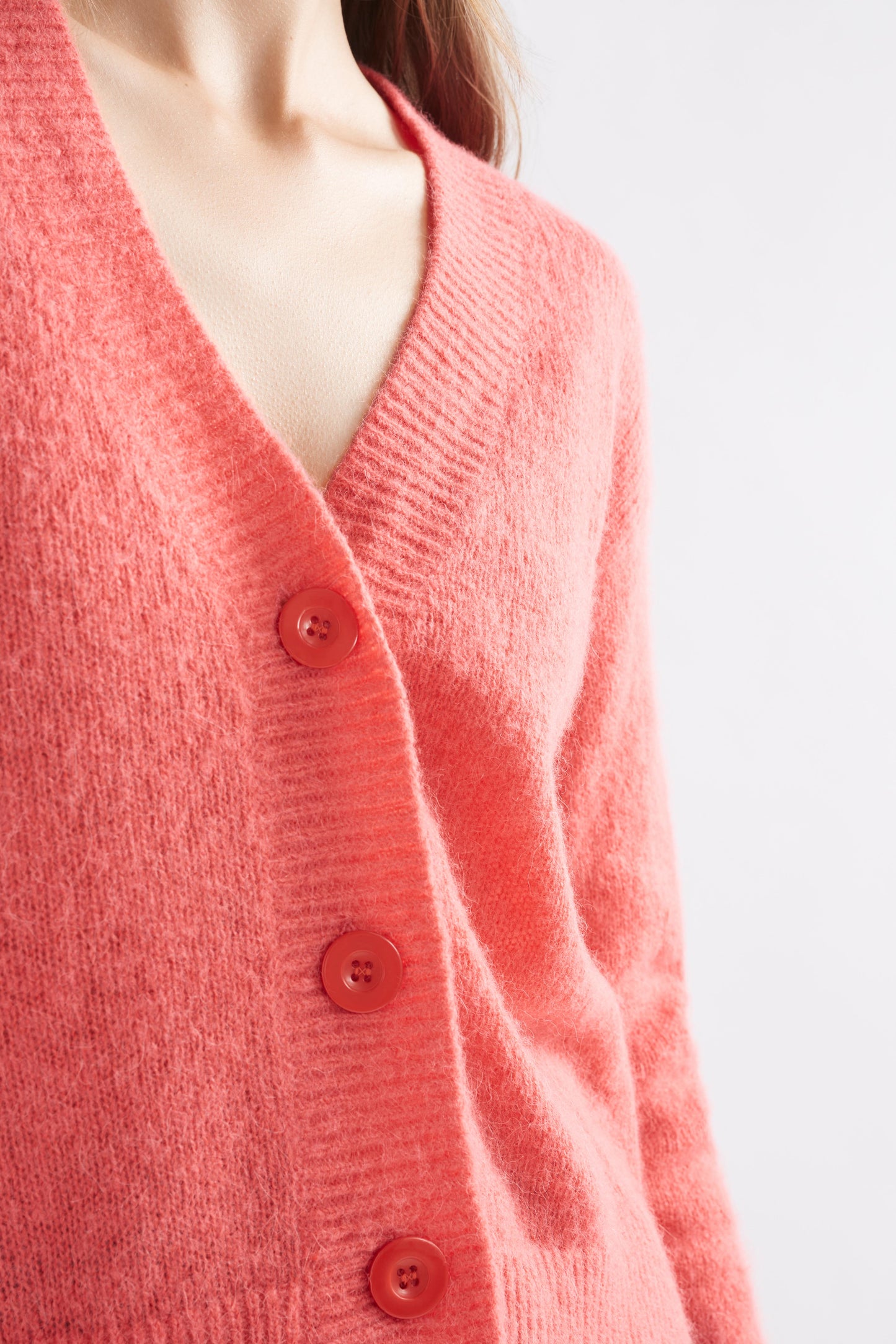 Drue Lightweight Alpaca Wool V-Neck Cropped Cardigan Model Front Detail | PINK PUNCH