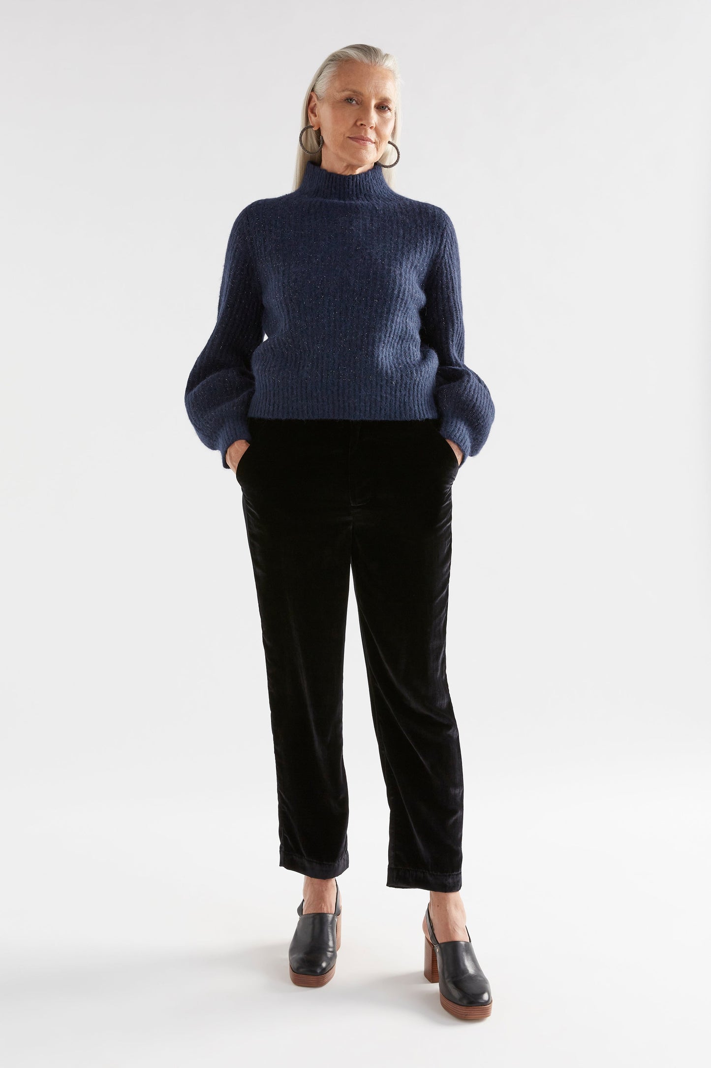 Kaanto Puff Sleeve Cropped Ribbed Turtle Neck Sweater Model Front Full Body | NAVY