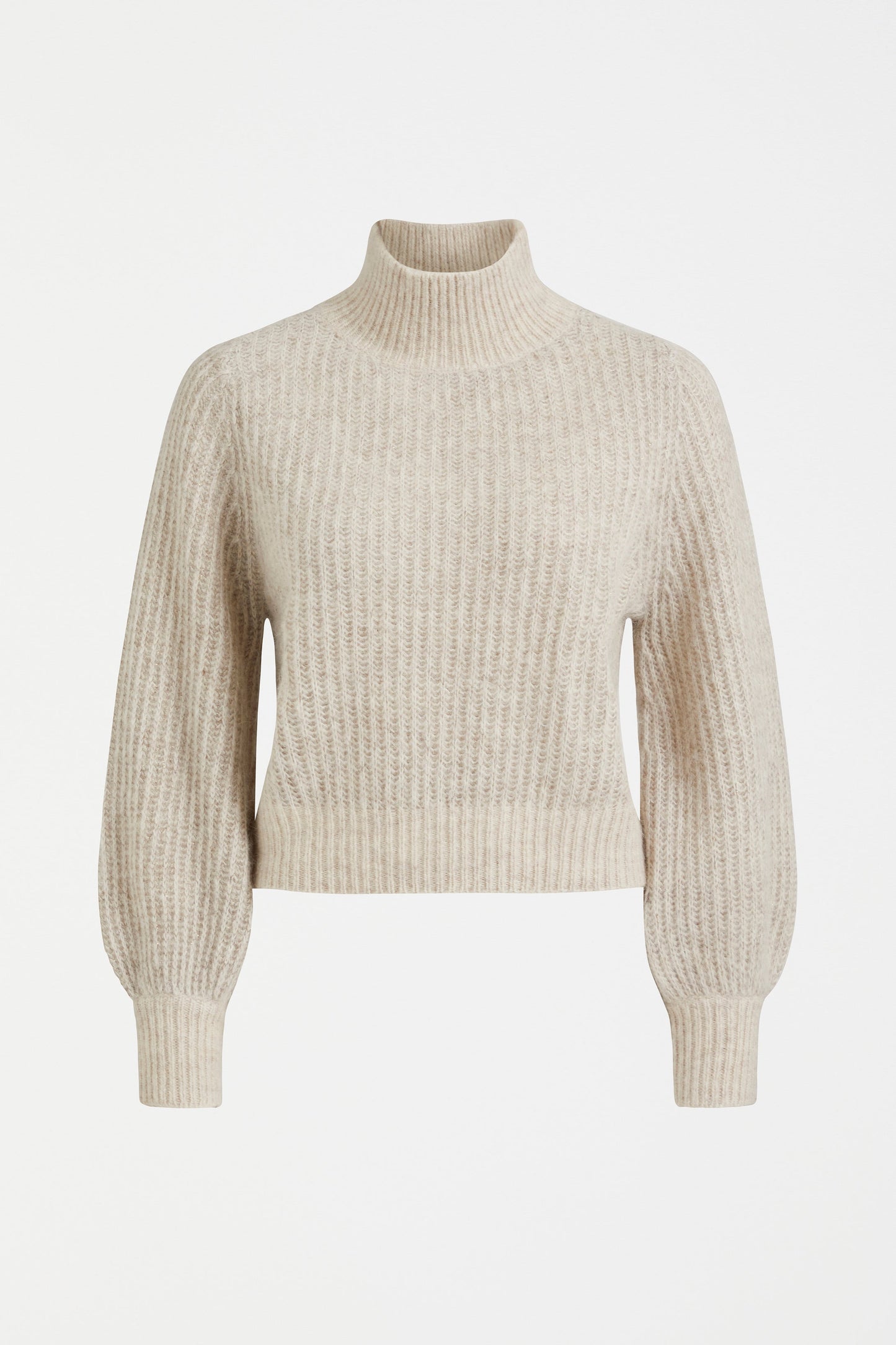 Kaanto Puff Sleeve Cropped Ribbed Turtle Neck Sweater Front | ECRU