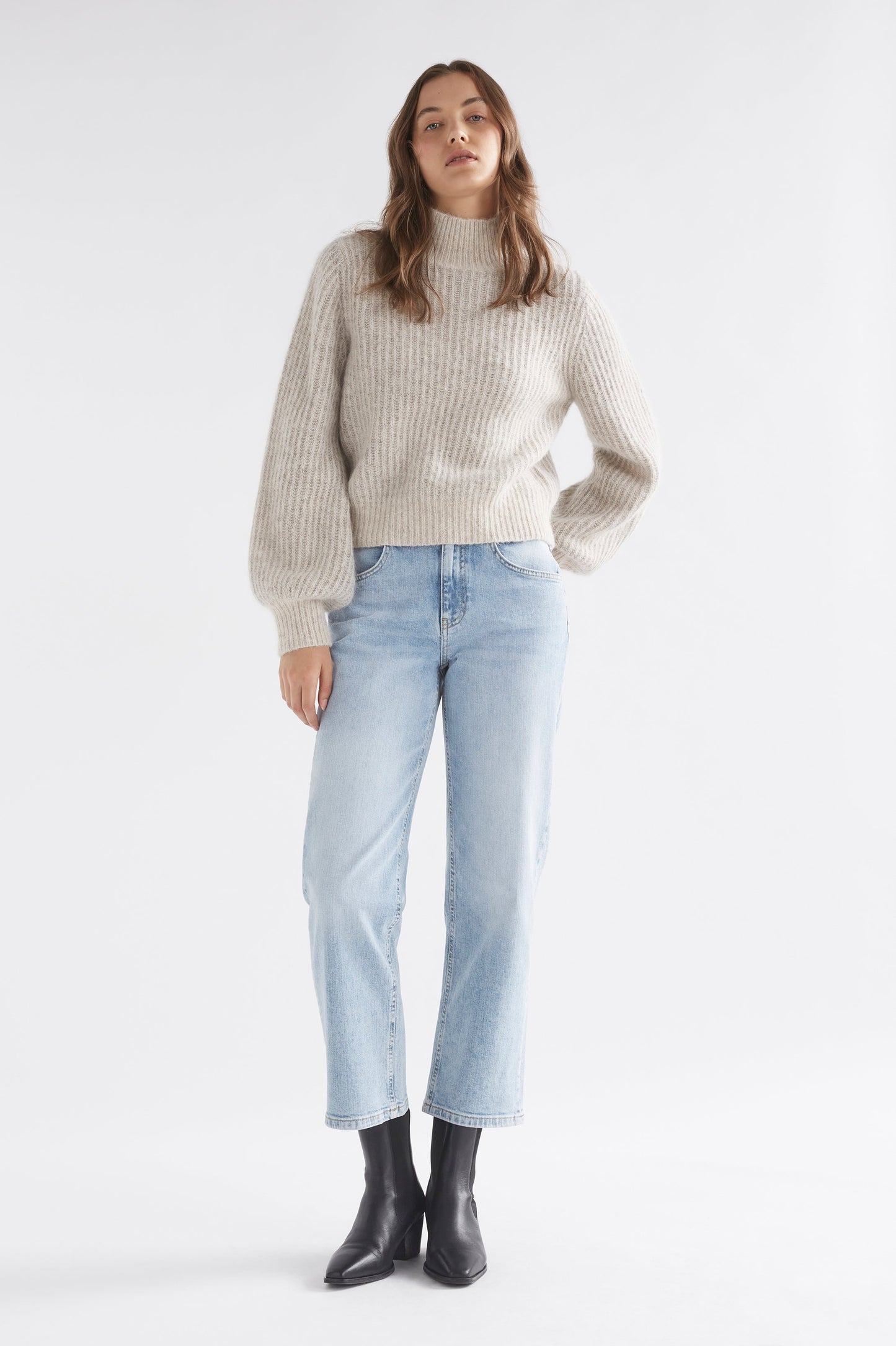 Kaanto Puff Sleeve Cropped Ribbed Turtle Neck Sweater Model Front Full Body | ECRU
