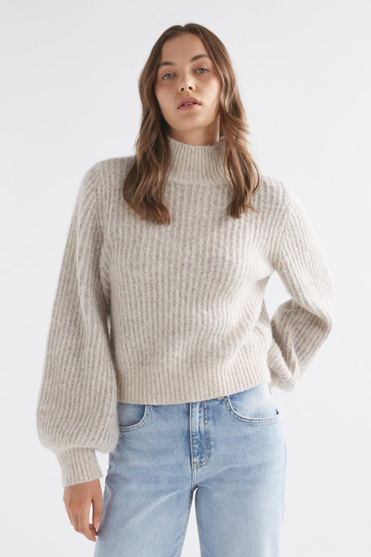 Kaanto Puff Sleeve Cropped Ribbed Turtle Neck Sweater Model Front | ECRU